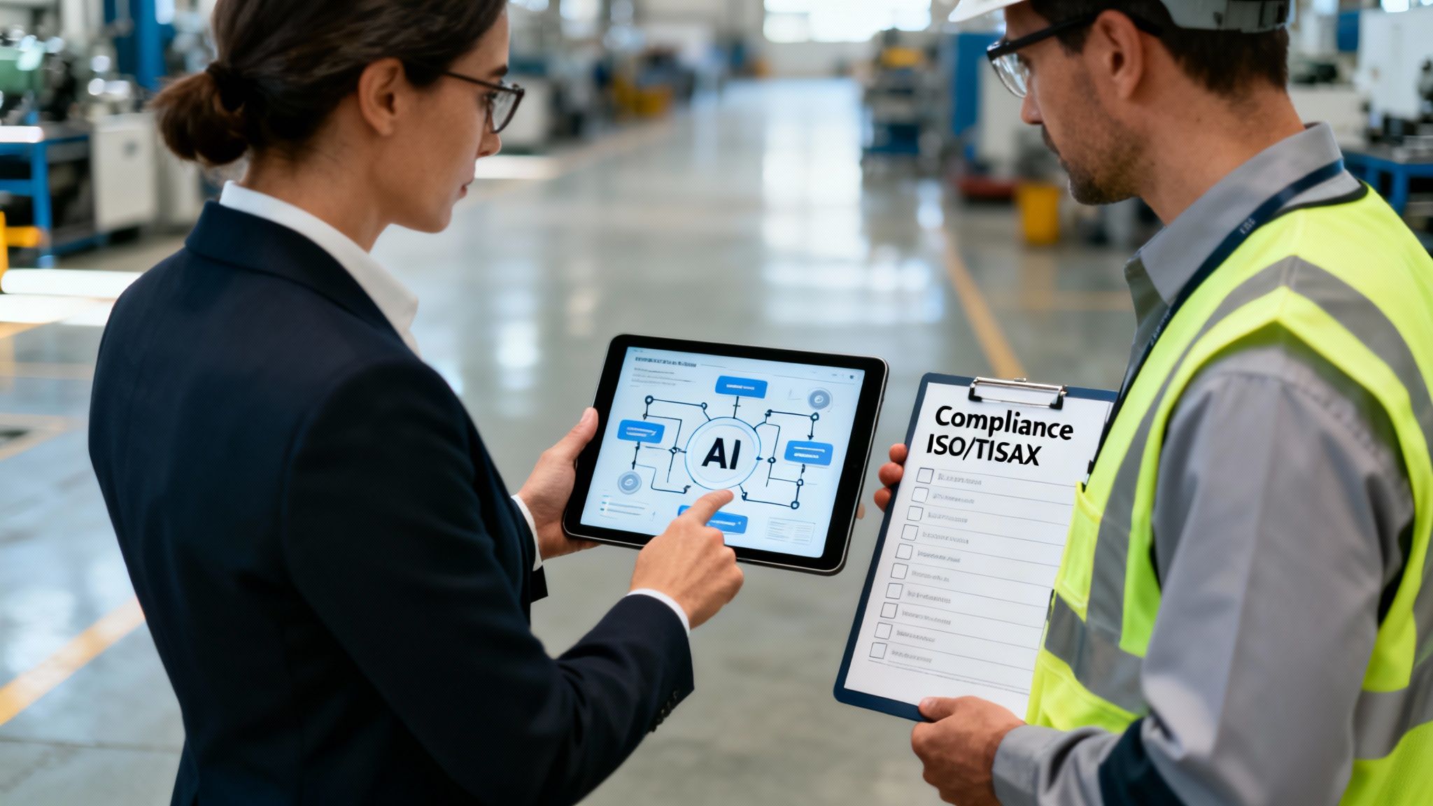 Geschäftsfrau und Ingenieur prüfen KI-Daten auf einem Tablet und eine ISO-/TISAX-Compliance-Checkliste in einer Fabrik.