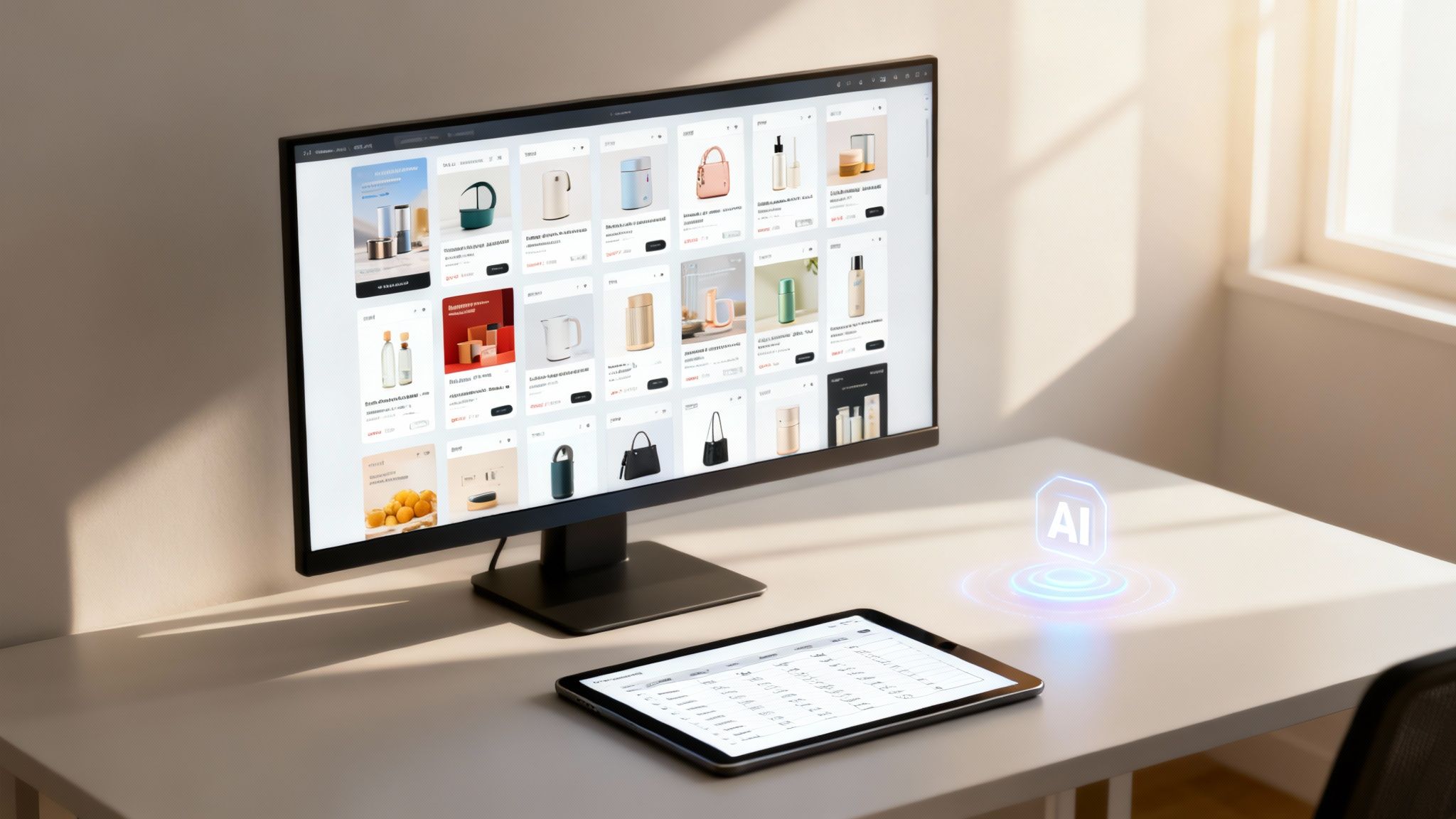 A modern desk with a computer displaying an e-commerce website, a tablet, and a glowing AI symbol.