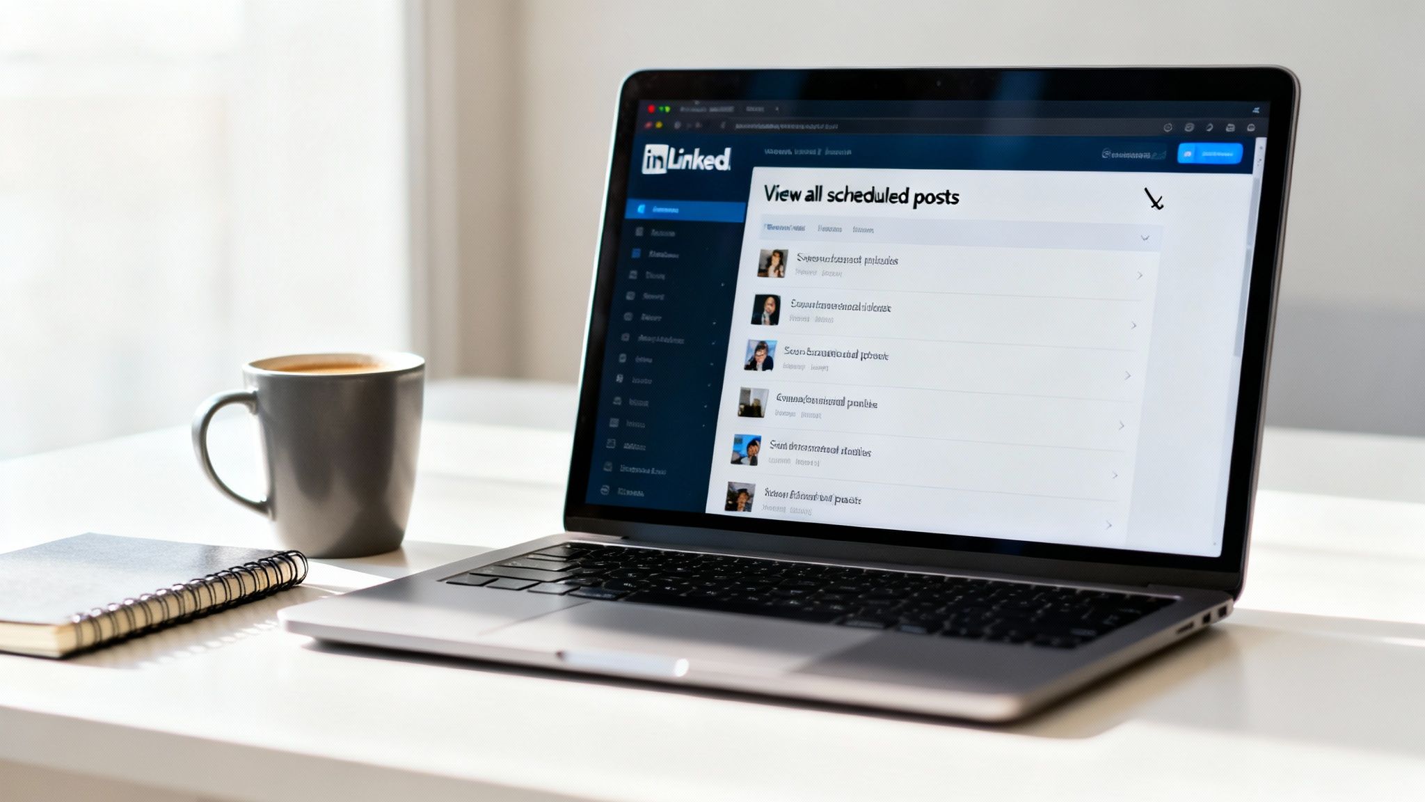 The LinkedIn post composer window on a desktop, with an arrow pointing to the clock icon used for scheduling.
