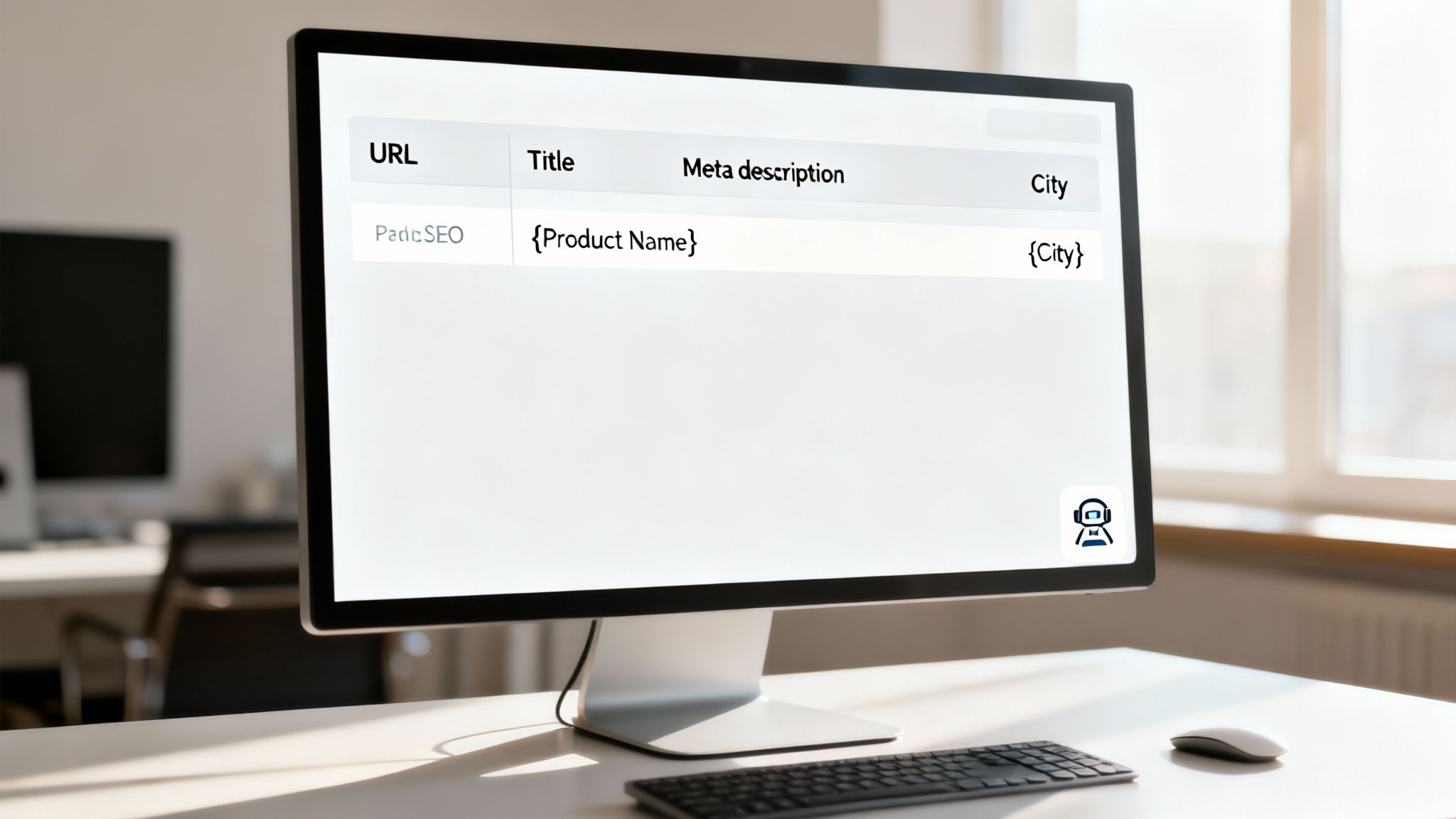 A computer monitor shows a table with a list of generated meta tags including URL, Title, and Meta description.