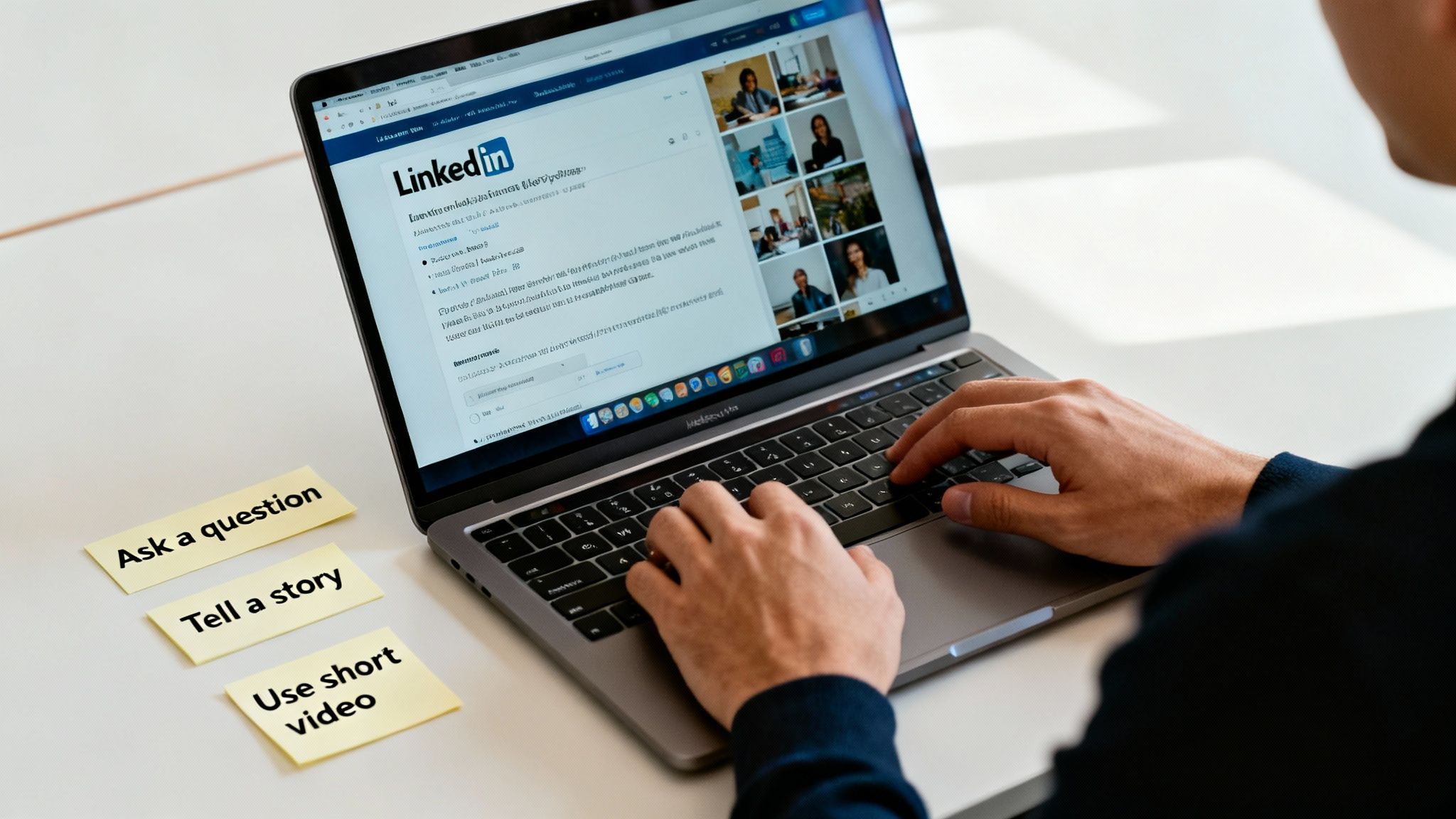 Person using a laptop displaying LinkedIn, next to sticky notes with social media engagement tips.