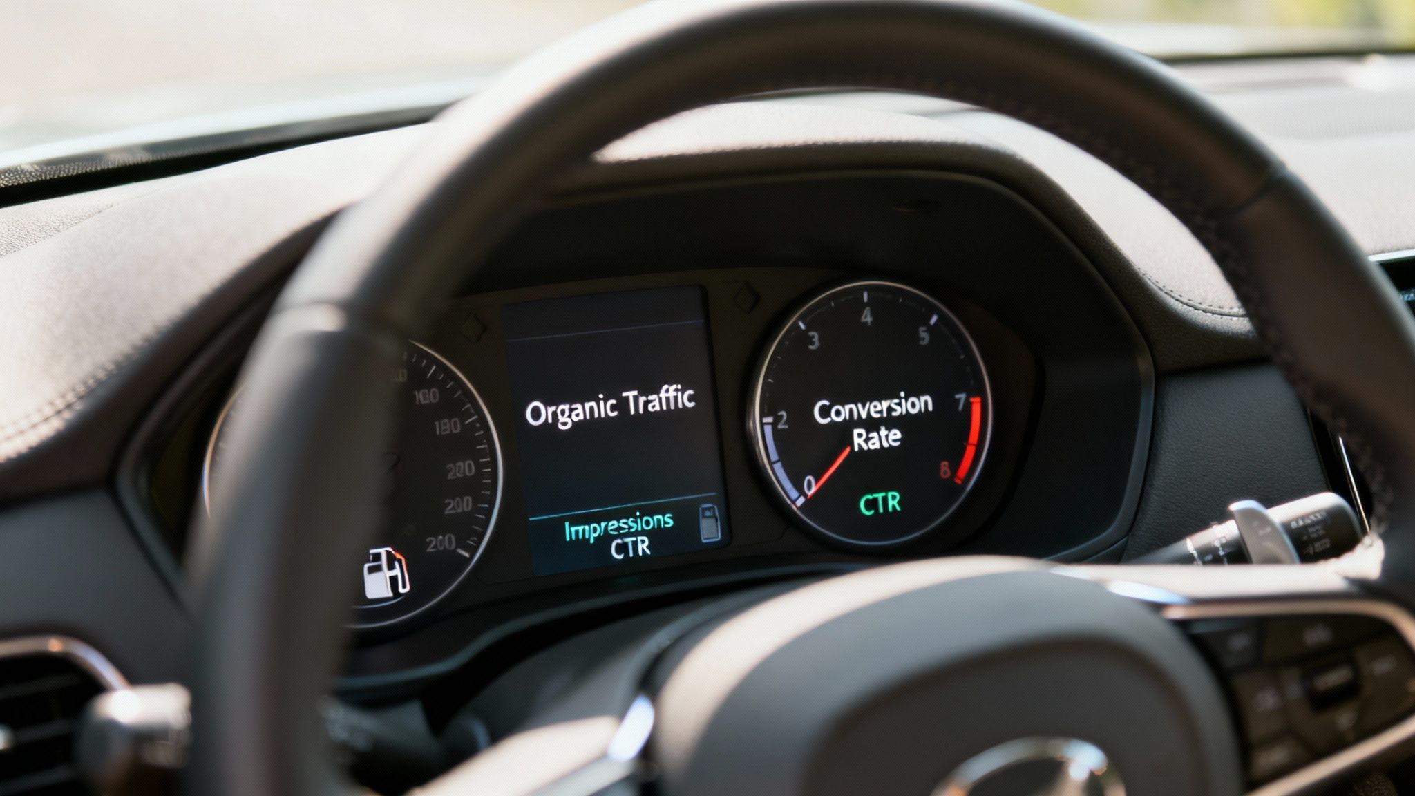 A car's dashboard with digital gauges displaying marketing KPIs, including Organic Traffic and Conversion Rate.