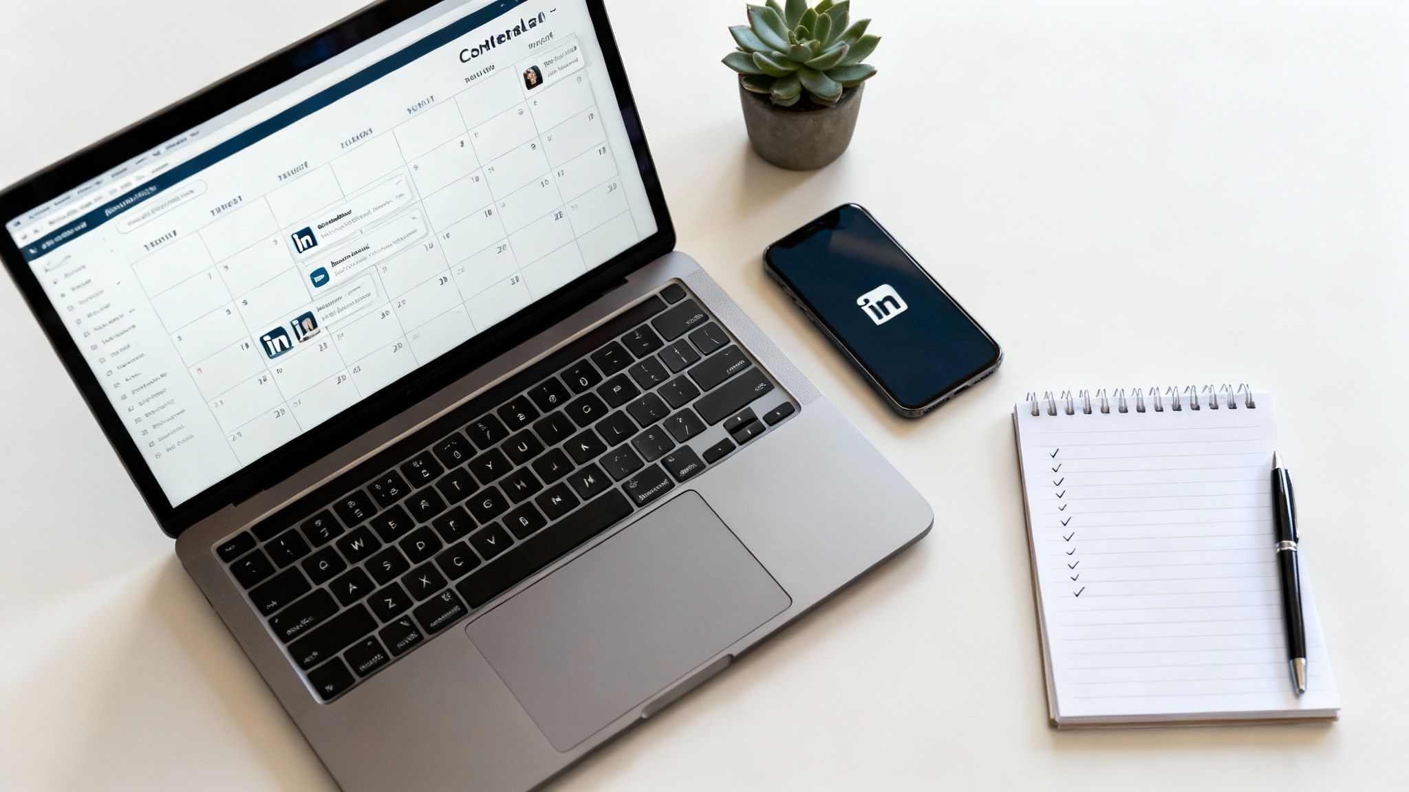 A top-down view of a workspace with a laptop showing a content calendar, a phone with LinkedIn app, and a checklist notebook.
