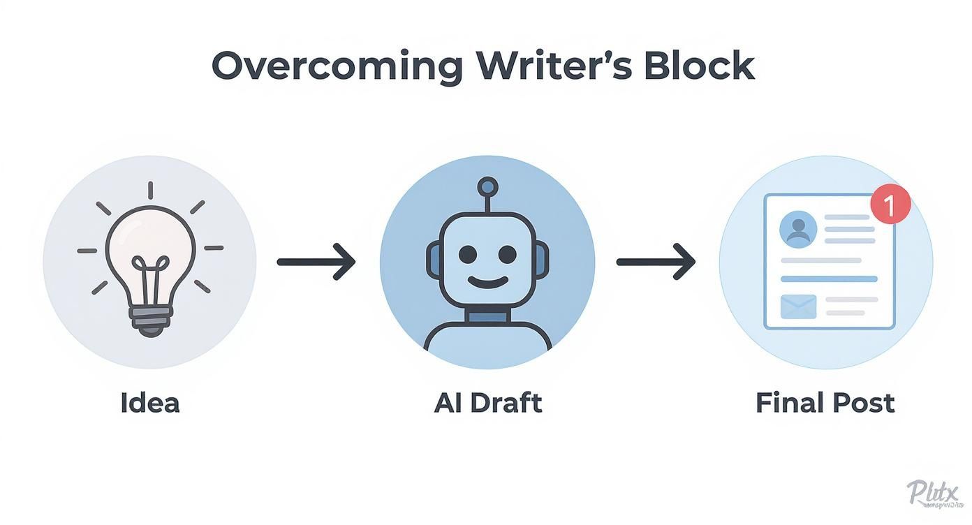 A diagram illustrating the process from an idea to an AI draft, then to a final social media post.