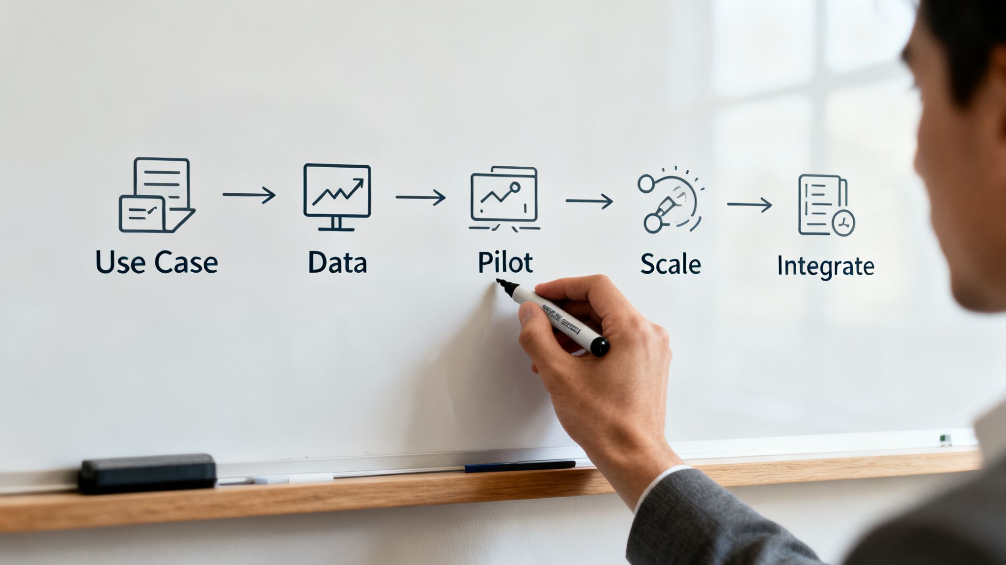 A hand writes 'Pilot' on a whiteboard outlining a digital transformation process with several steps.