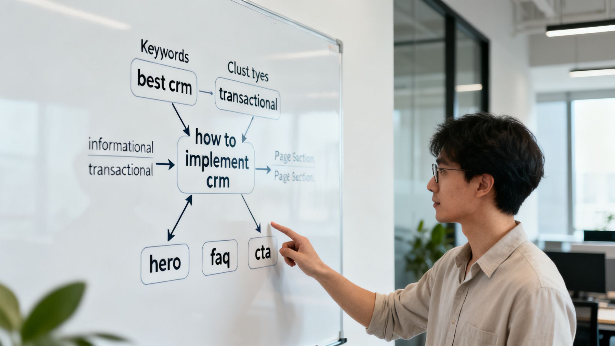 Man pointing at a whiteboard diagram illustrating SEO content strategy for CRM implementation.