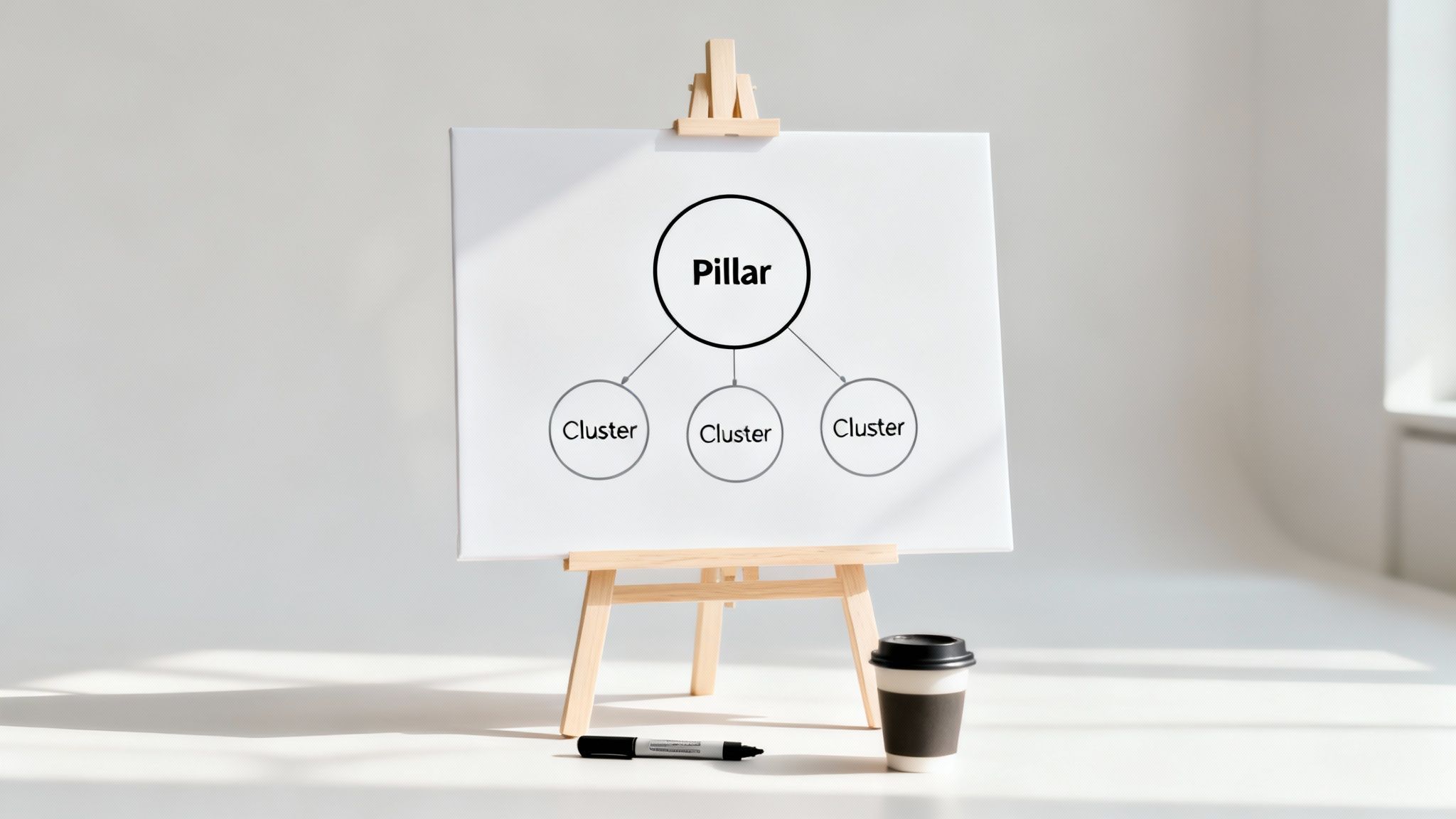 A whiteboard on an easel displays an SEO diagram: 'Pillar' linked to three 'Cluster' topics.