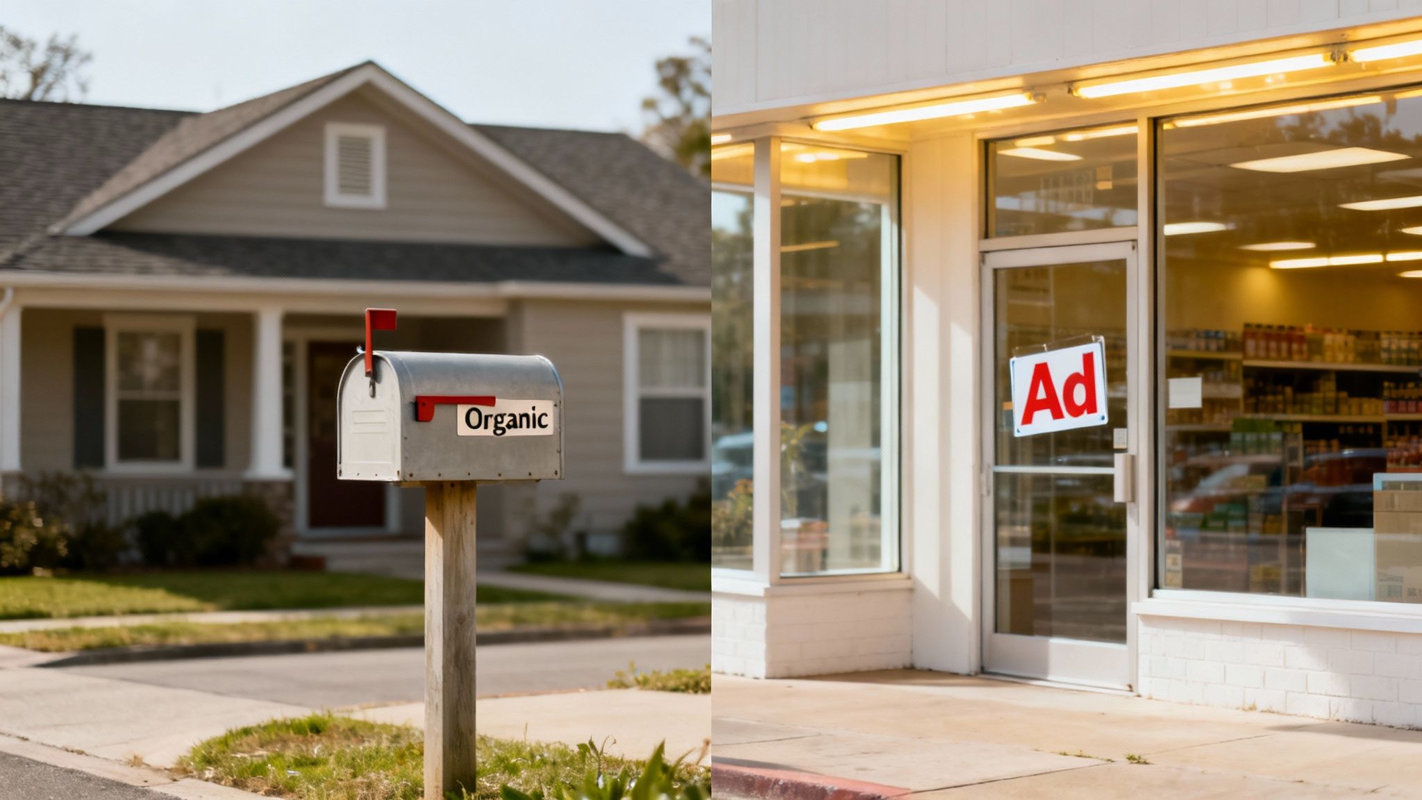 A split image displaying an 'Organic' mailbox by a house and an 'Ad' sign on a store door.