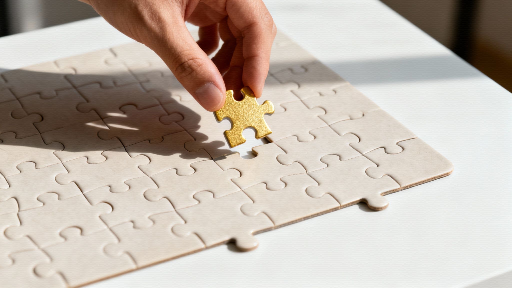A hand places a shiny golden puzzle piece into a matching spot on a white puzzle.