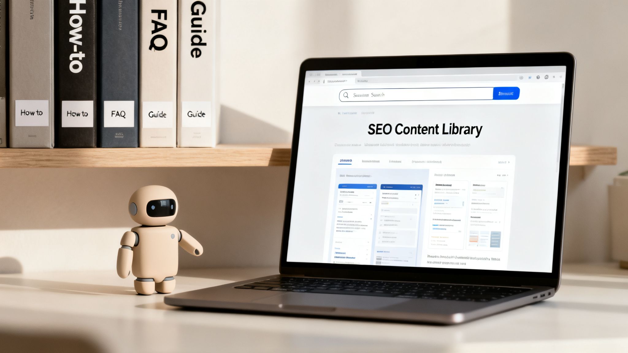 A small robot toy next to a laptop displaying 'SEO Content Library' and guidebooks on a shelf.