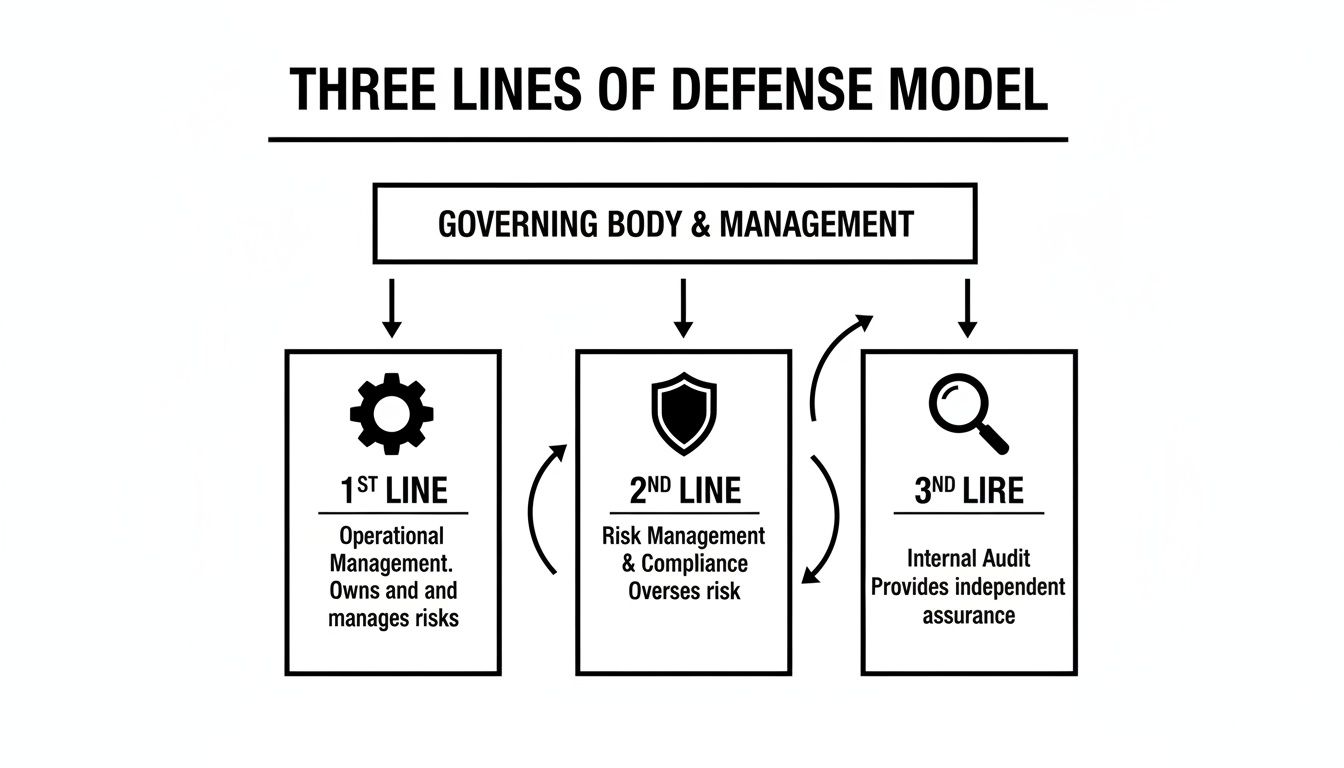 A diagram illustrating the Three Lines of Defense model for organizational governance, risk management, and assurance.