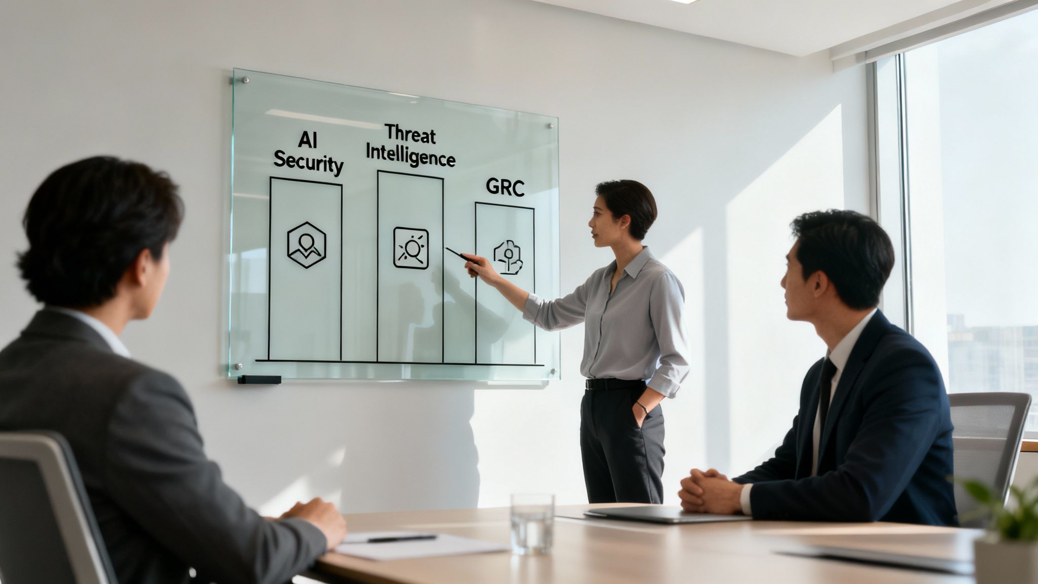 Ein Moderator erklärt KI‑Sicherheit, Threat Intelligence und GRC zwei Kollegen in einem professionellen Meeting.