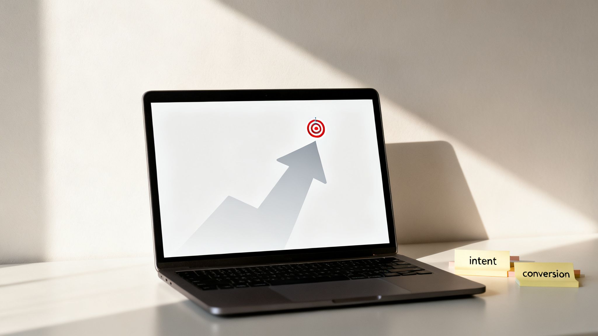 Laptop displaying a rising arrow towards a target, with "intent" and "conversion" sticky notes.
