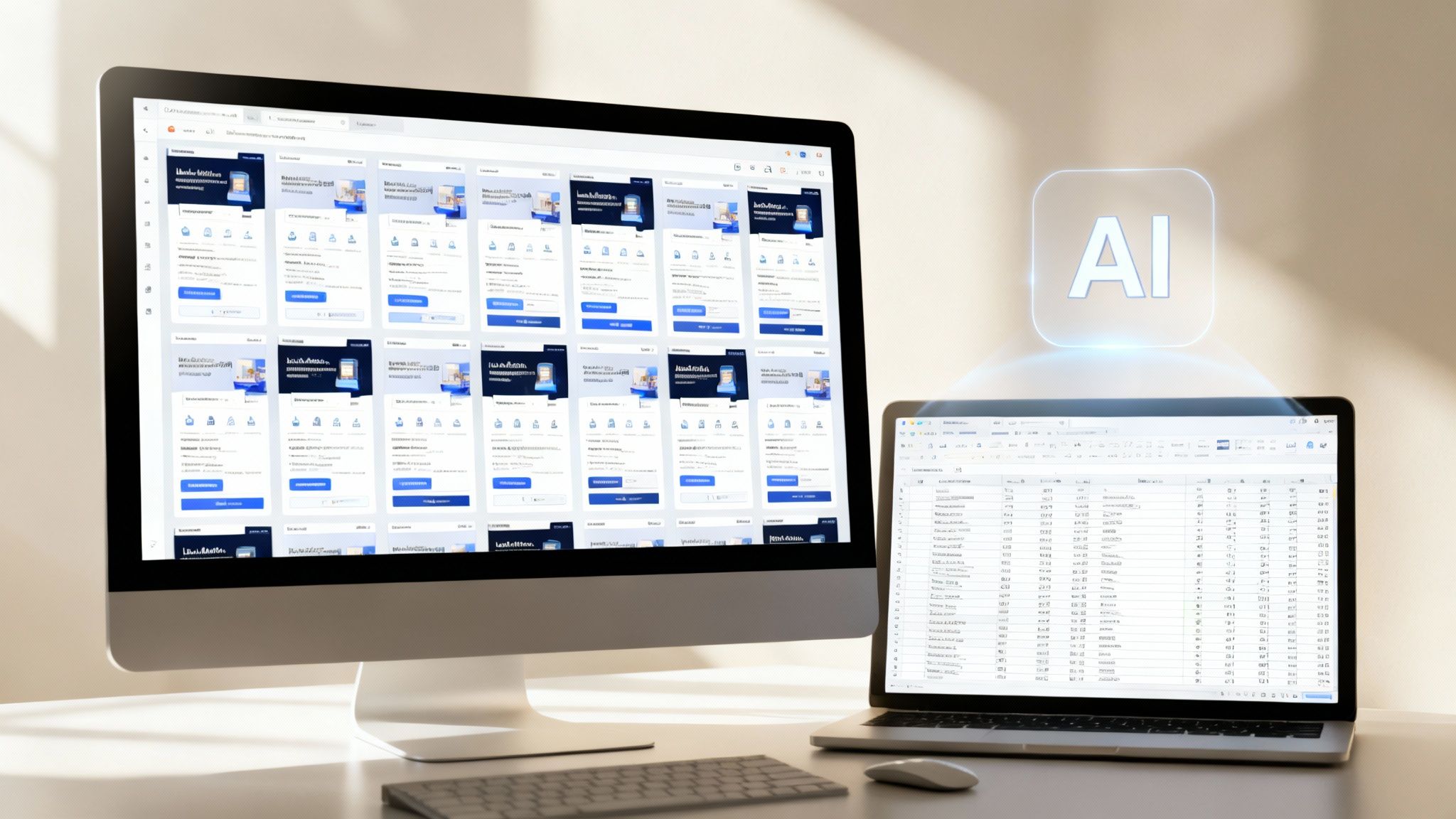 A desktop monitor displays numerous landing page designs, next to a laptop showing a spreadsheet, with a glowing AI icon.