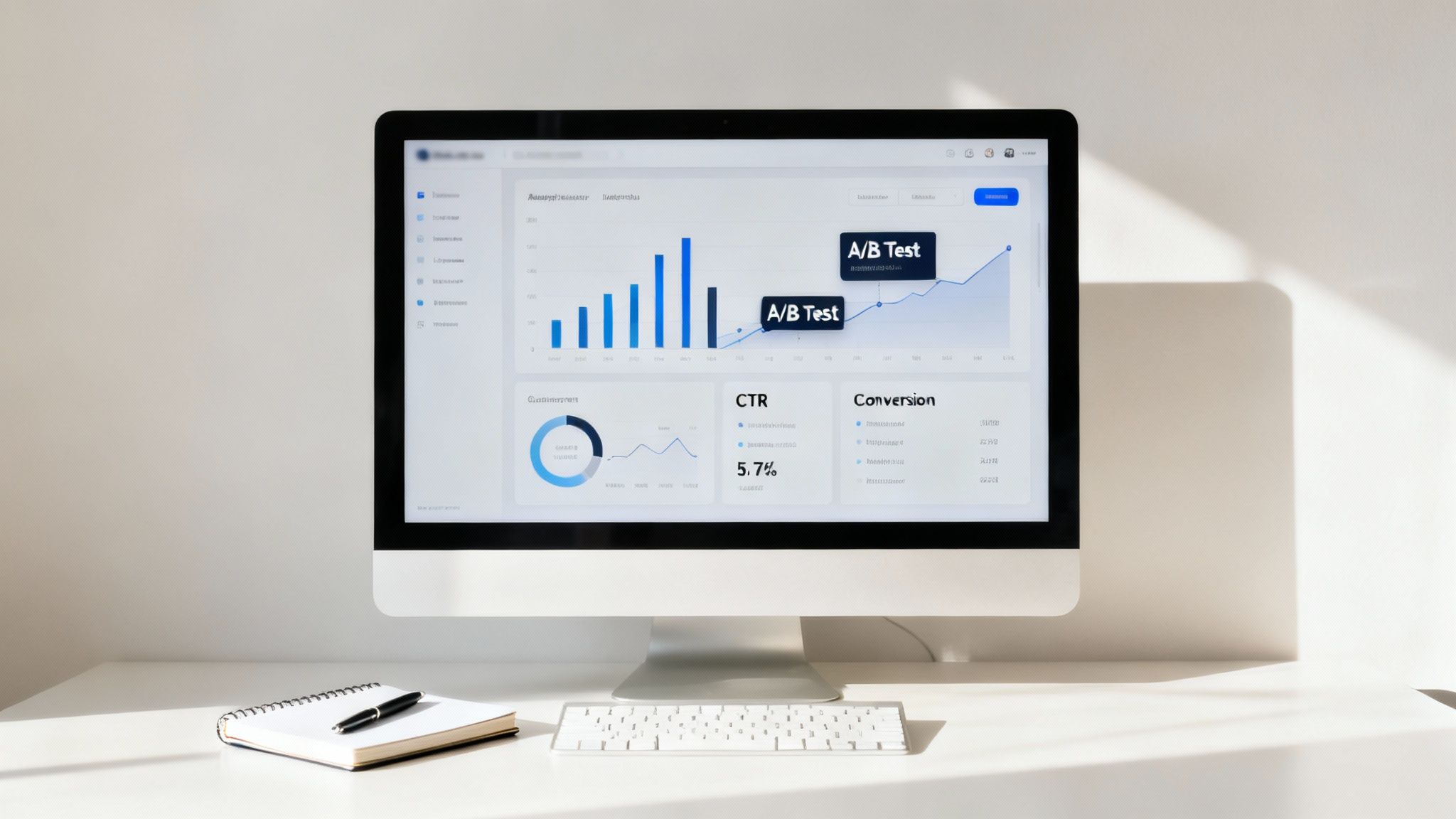 A desktop computer displays a clean marketing analytics dashboard with various graphs, charts, and metrics.