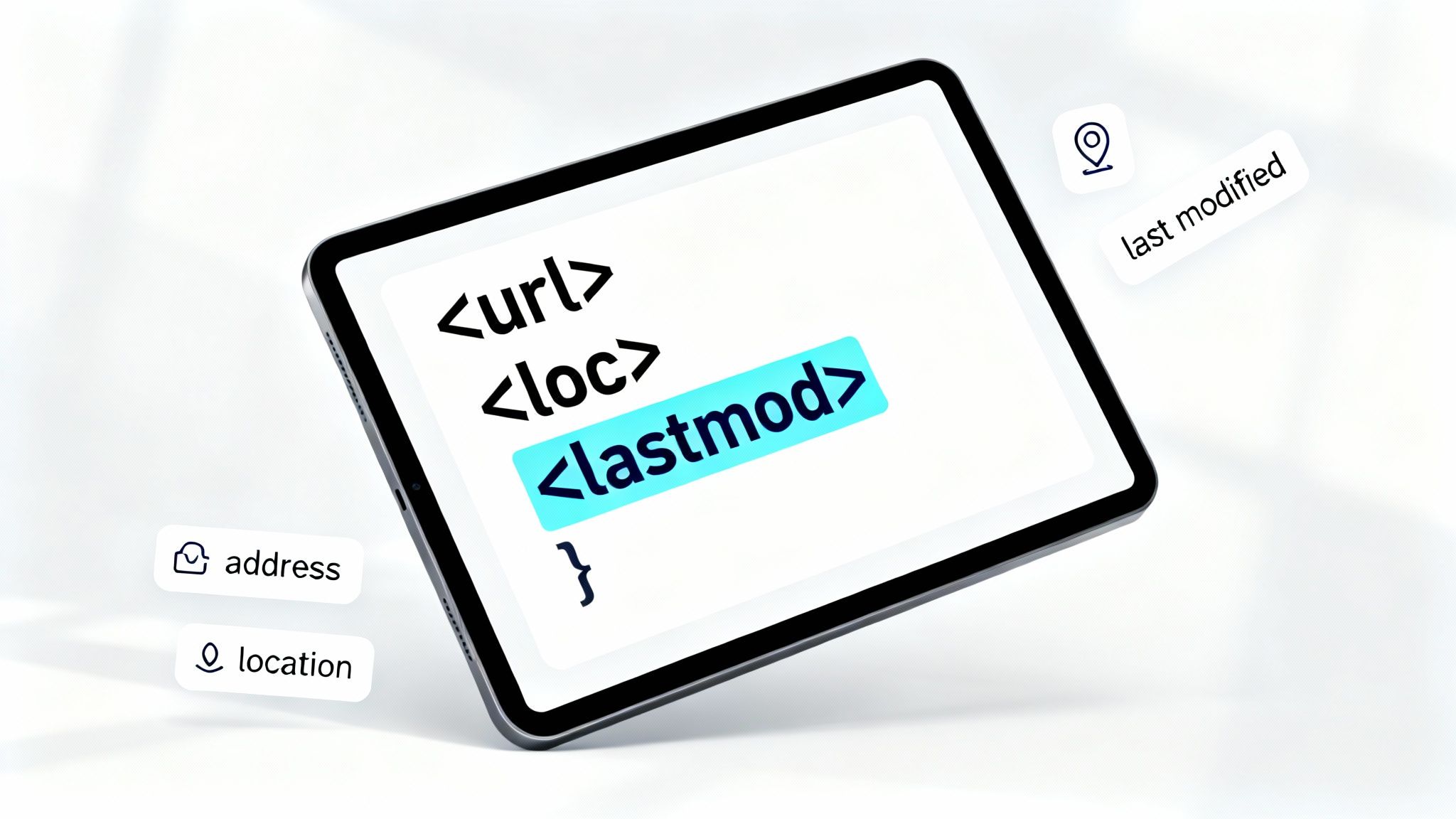 A tablet displays XML sitemap code with url, loc, and a highlighted lastmod tag, surrounded by floating data keywords.