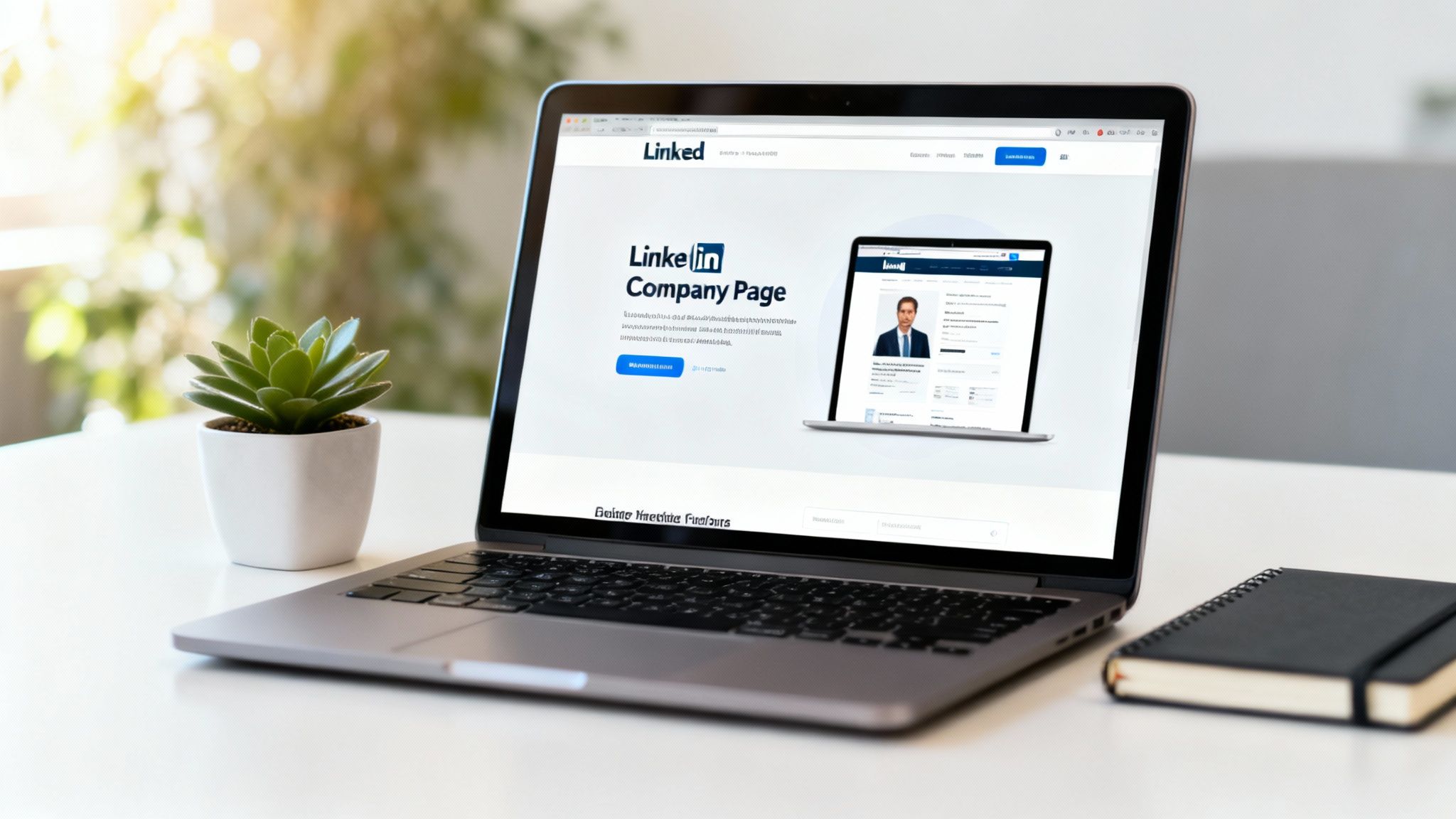Laptop displaying a LinkedIn Company Page, with a succulent plant and a black notebook on a bright desk.