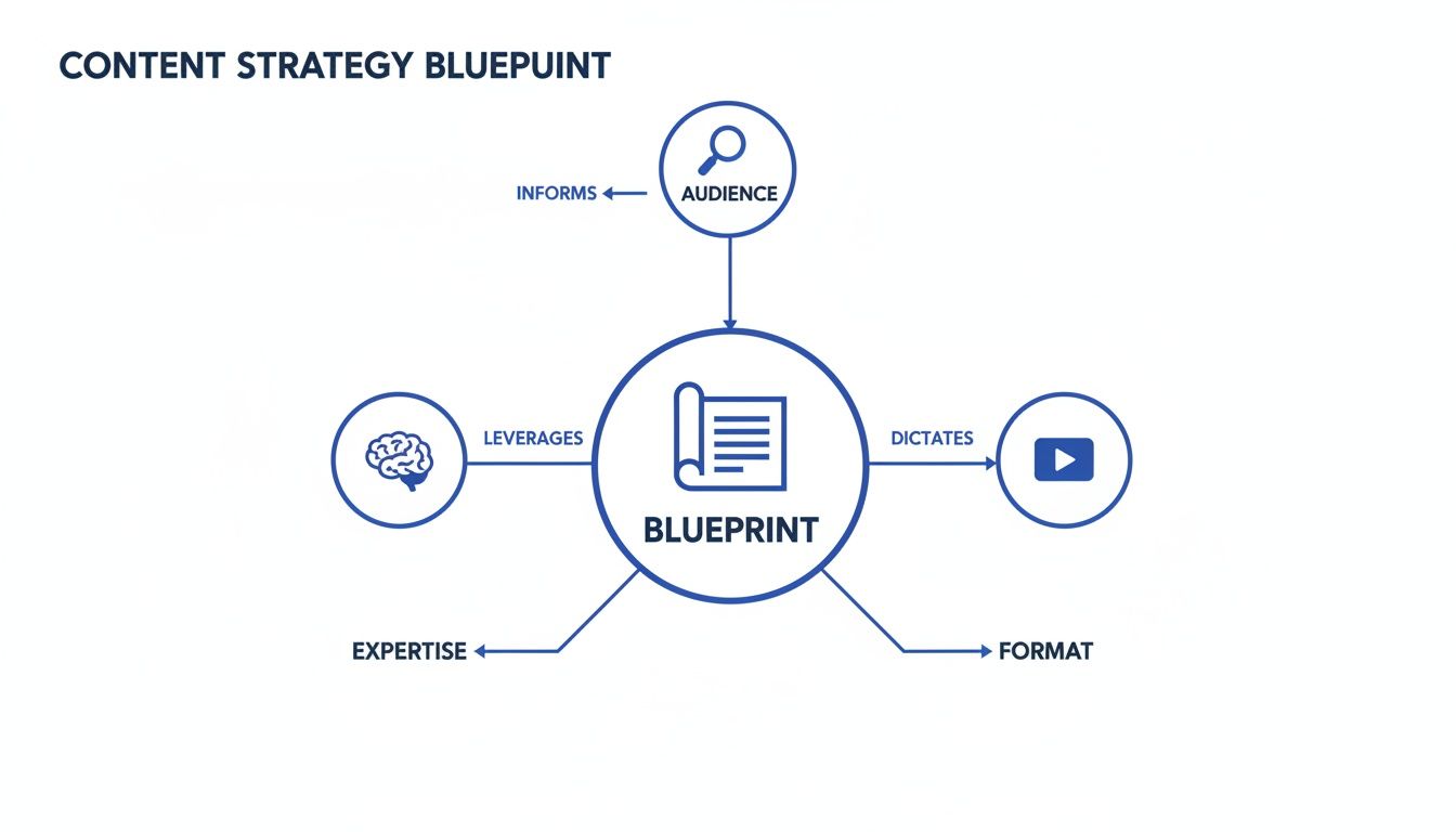 Flowchart illustrating a content strategy blueprint, showing how audience, expertise, and format interact.