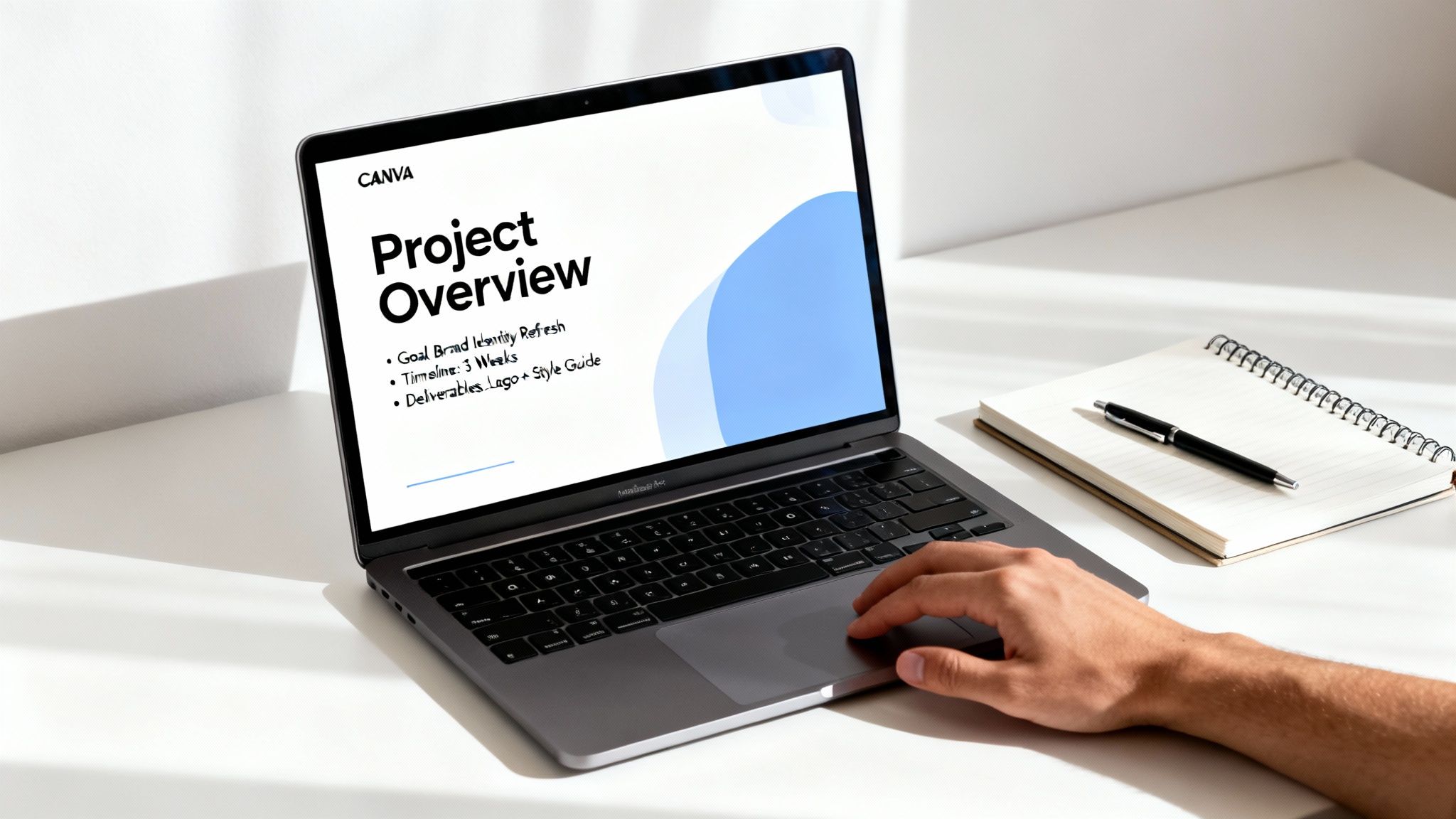 A person's hand on a MacBook laptop displaying a project overview presentation and a notebook on a desk.