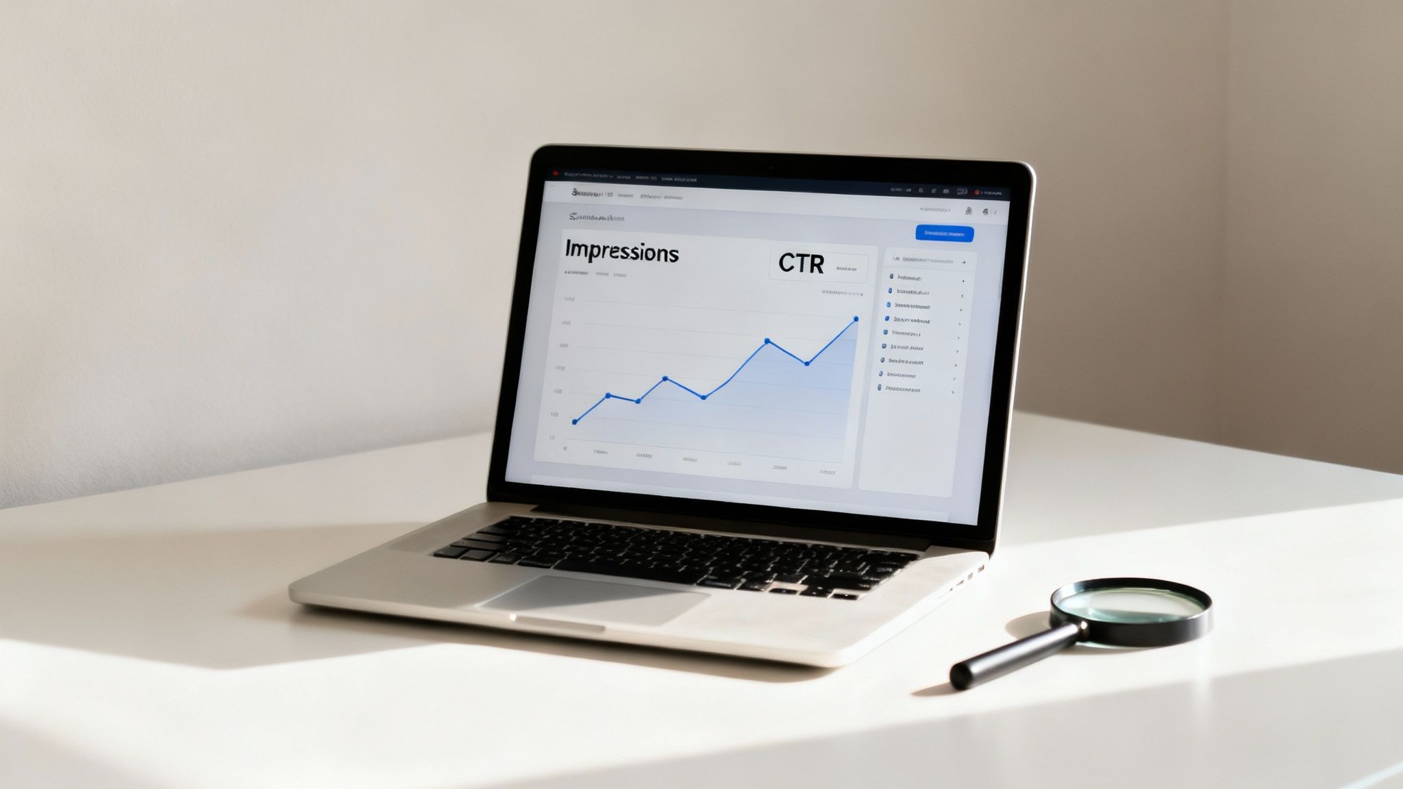 A laptop displays SEO performance data with Impressions and CTR graphs on a white desk next to a magnifying glass.