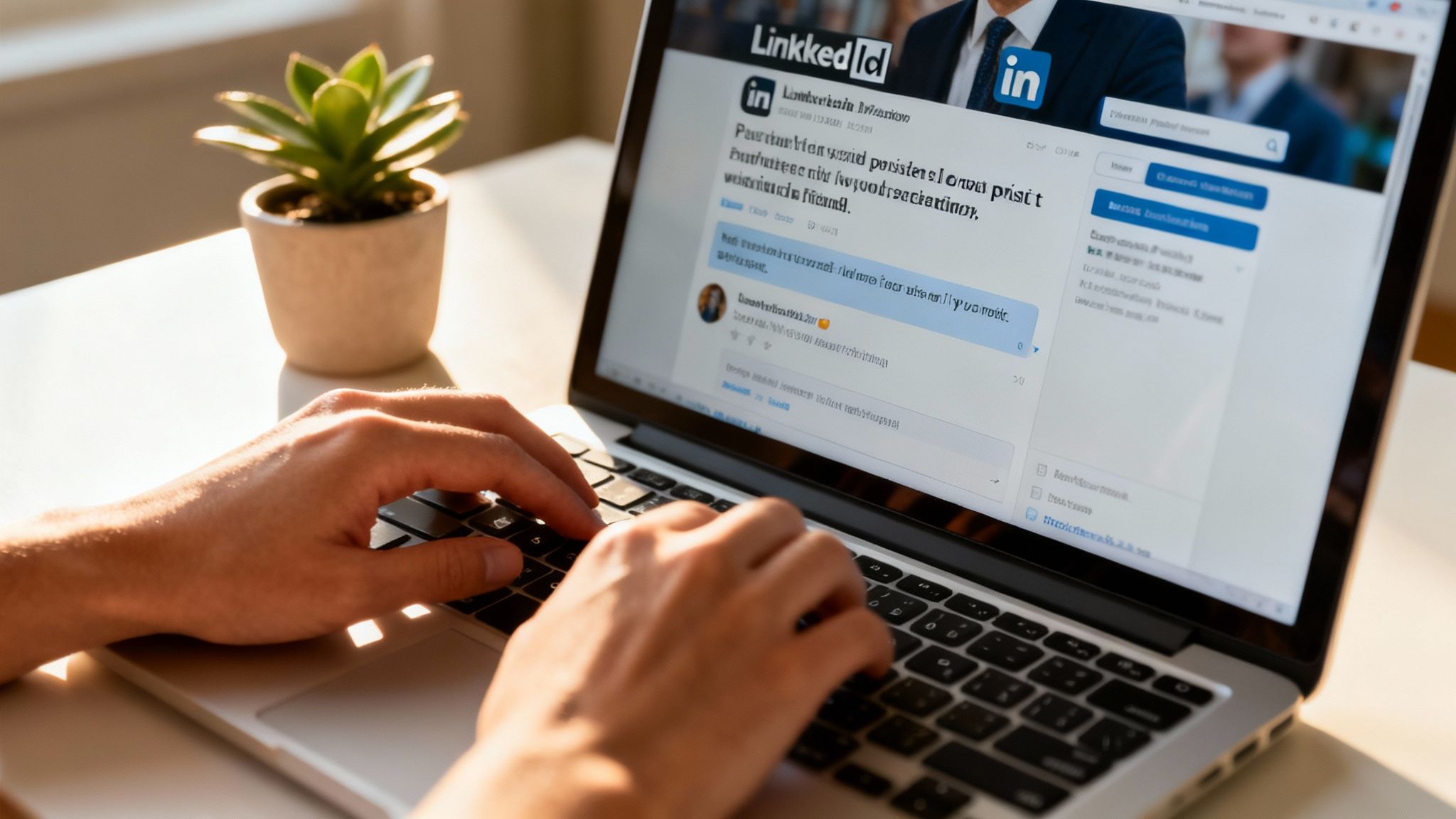 Close-up of hands typing on a laptop displaying a LinkedIn profile with a small plant.