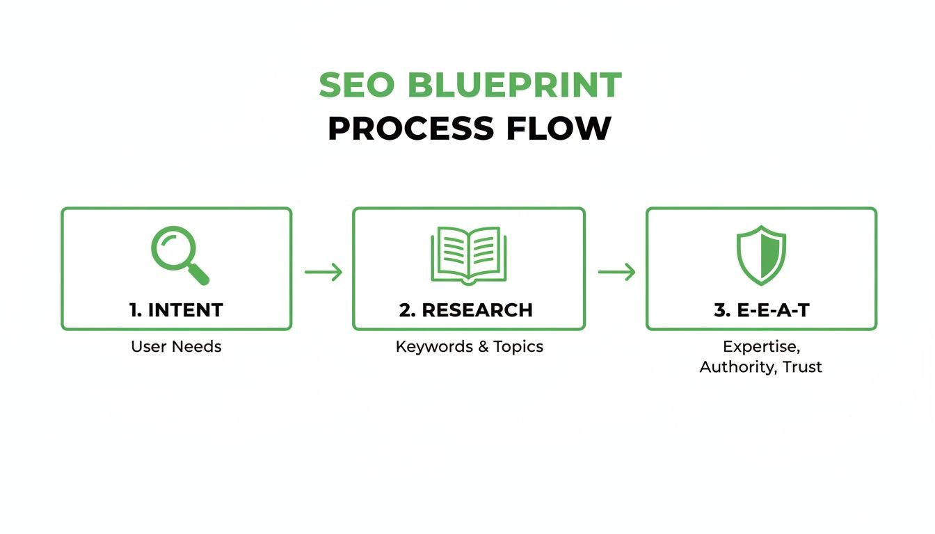 SEO blueprint process flow outlining steps: Intent for user needs, Research keywords, and E-E-A-T.