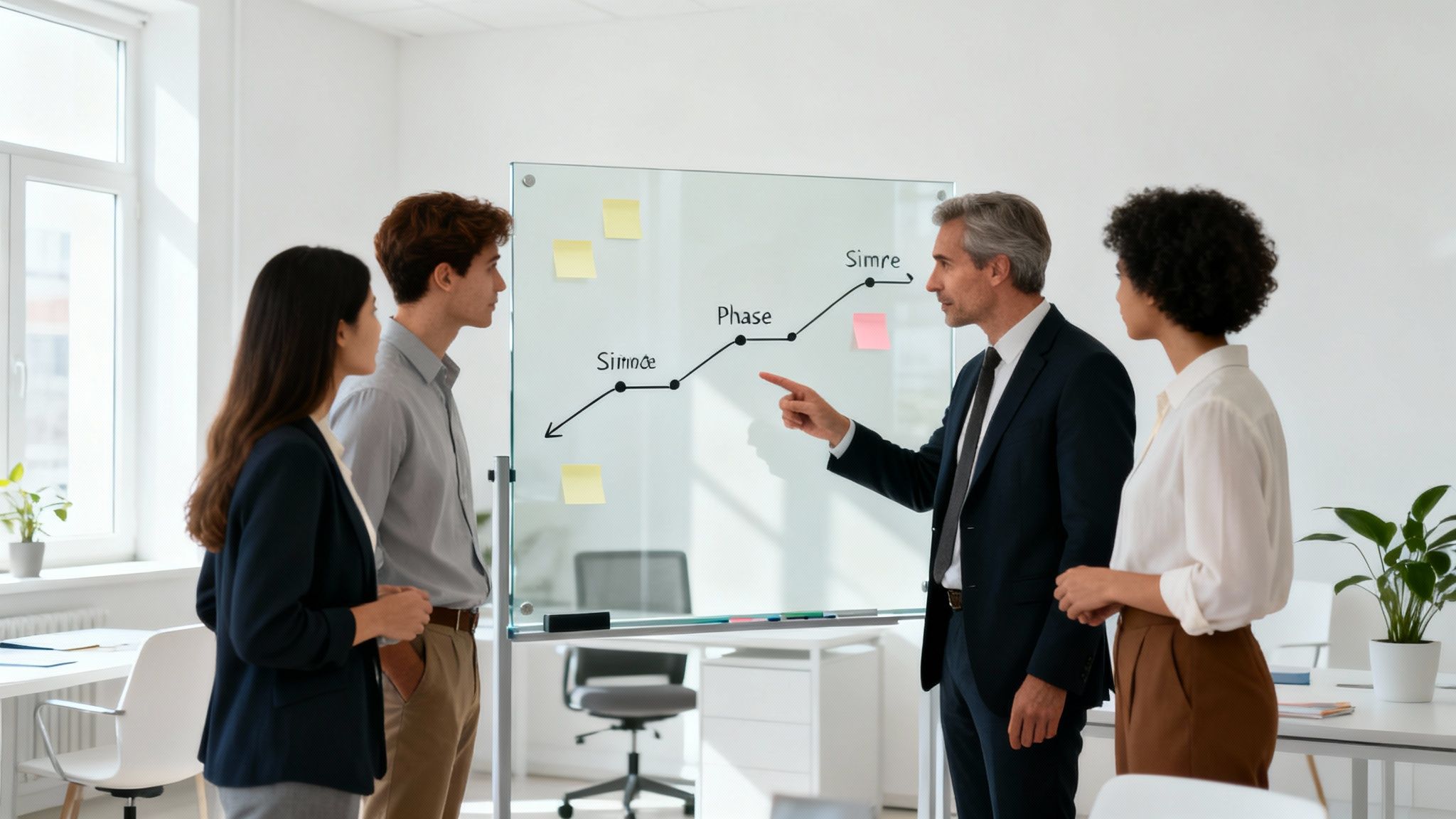 Four diverse business professionals discuss a graph on a whiteboard during an office meeting.