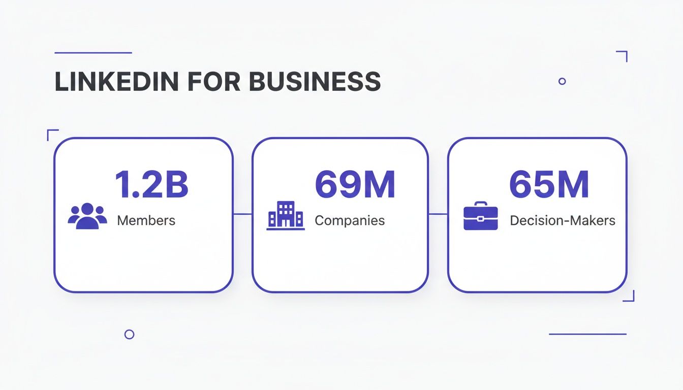 LinkedIn for Business infographic displaying key statistics: 1.2 billion members, 69 million companies, and 65 million decision-makers.