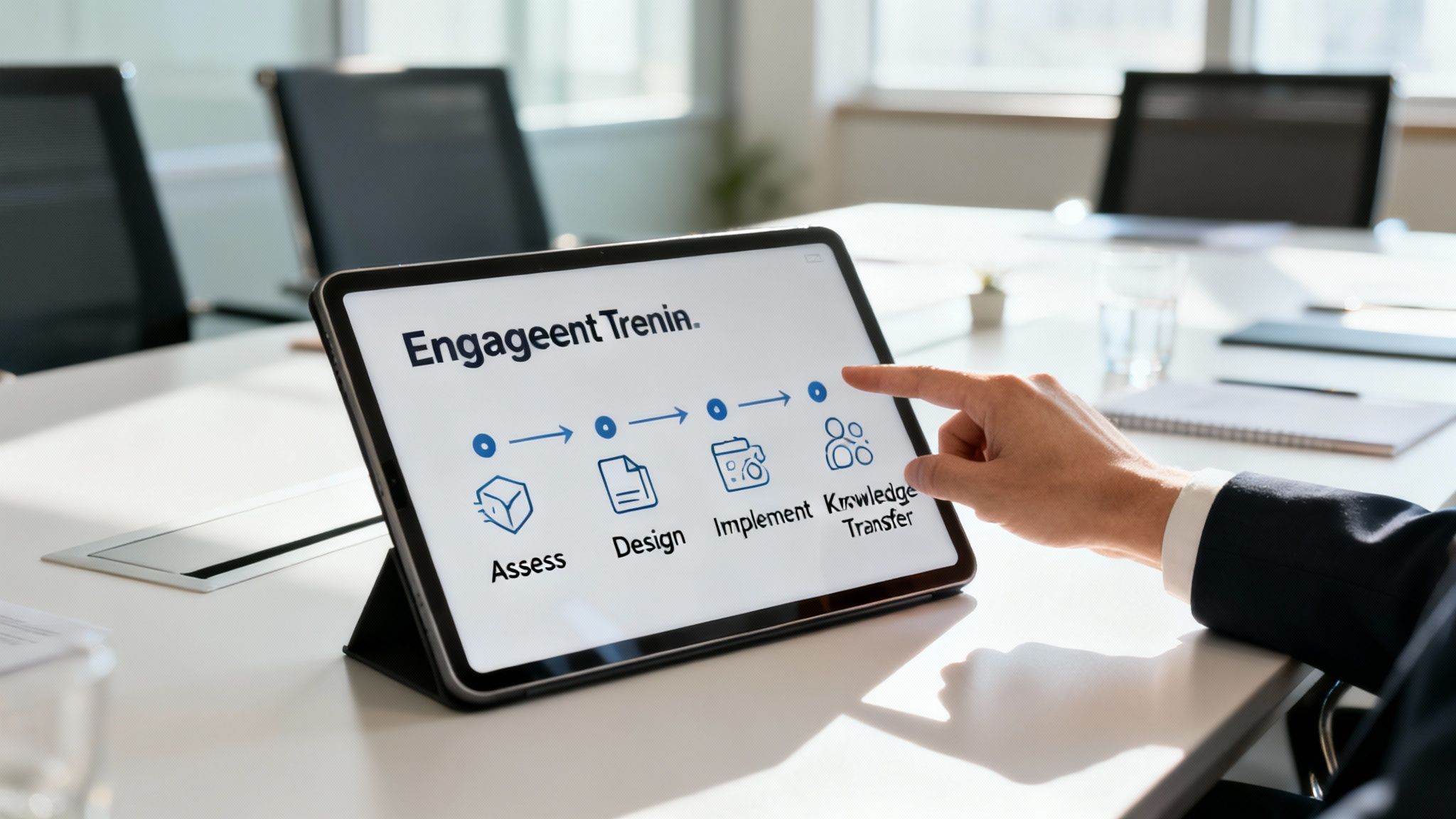 Die Hand einer Person berührt ein Tablet mit einem Geschäftsprozess-Flow: Assess, Design, Implement, Knowledge Transfer, in einem modernen Büro.