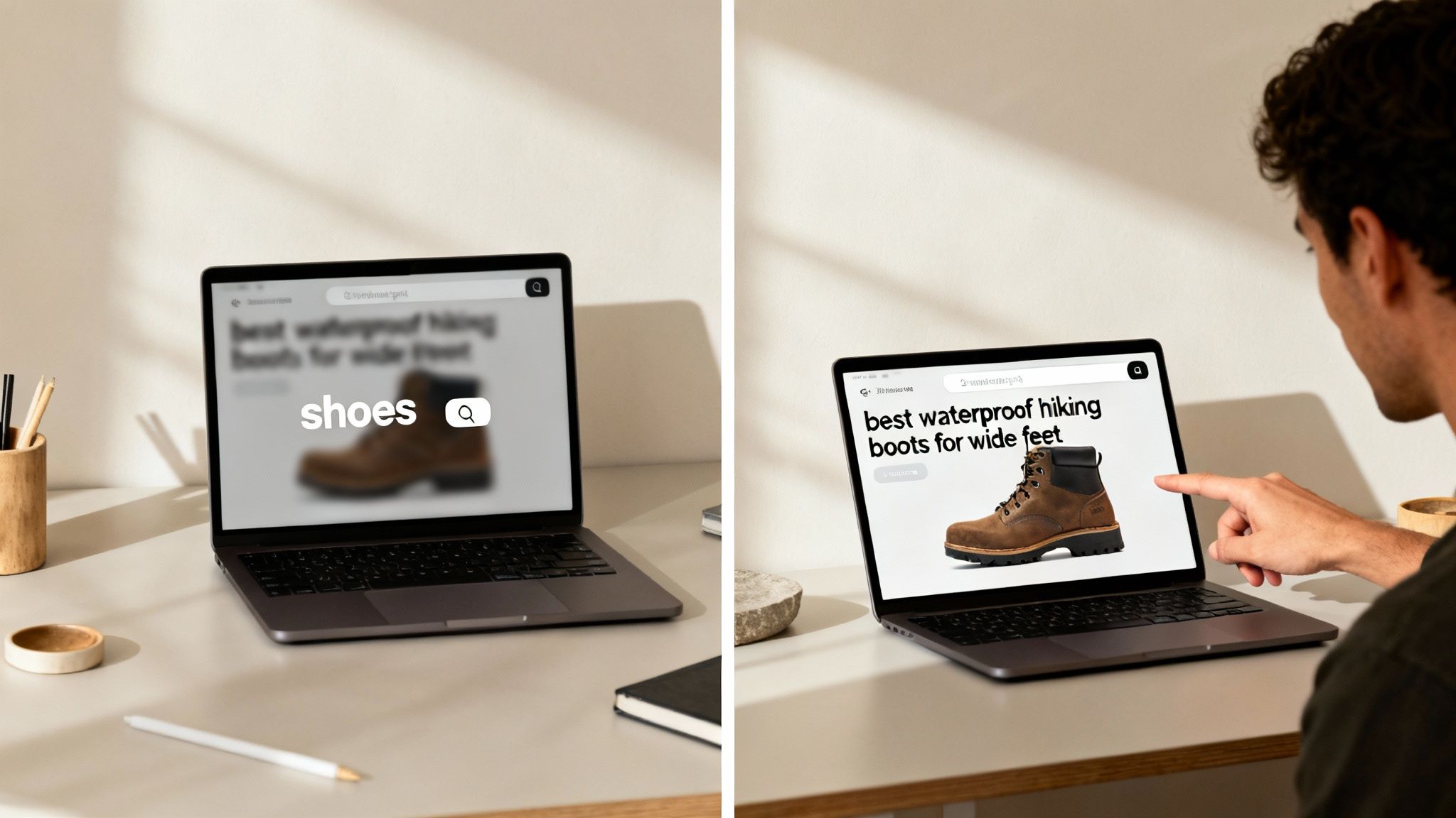 A user searches for 'best waterproof hiking boots for wide feet' on a laptop, viewing product results.