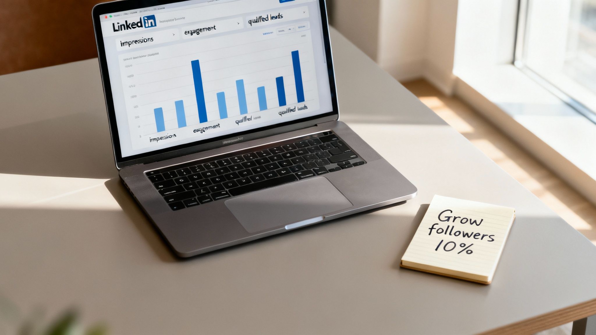 LinkedIn analytics dashboard displaying impressions, engagement, and qualified leads metrics on laptop screen