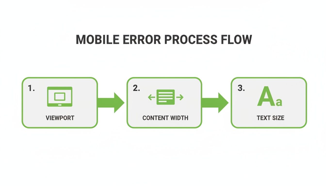 Flowchart showing the mobile error process for viewport, content width, and text size.