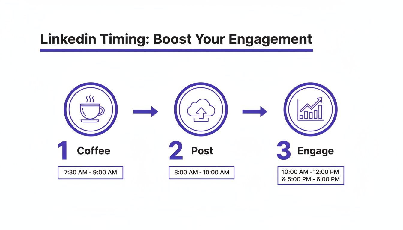 Infographic outlining optimal LinkedIn timing to boost engagement: coffee, post, and engage with timeframes.