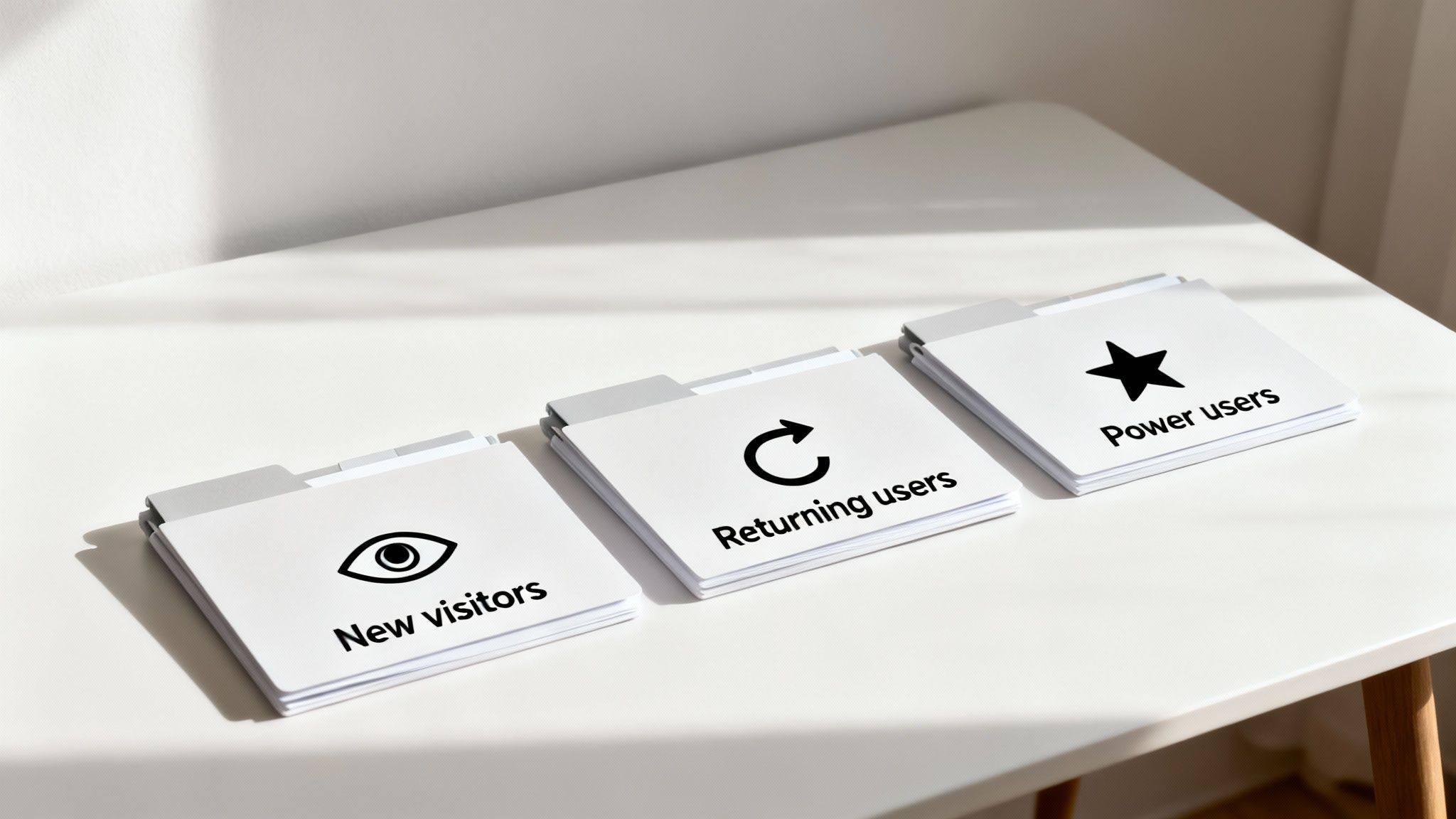 Three white cards on a table categorize user segments: New visitors, Returning users, Power users.
