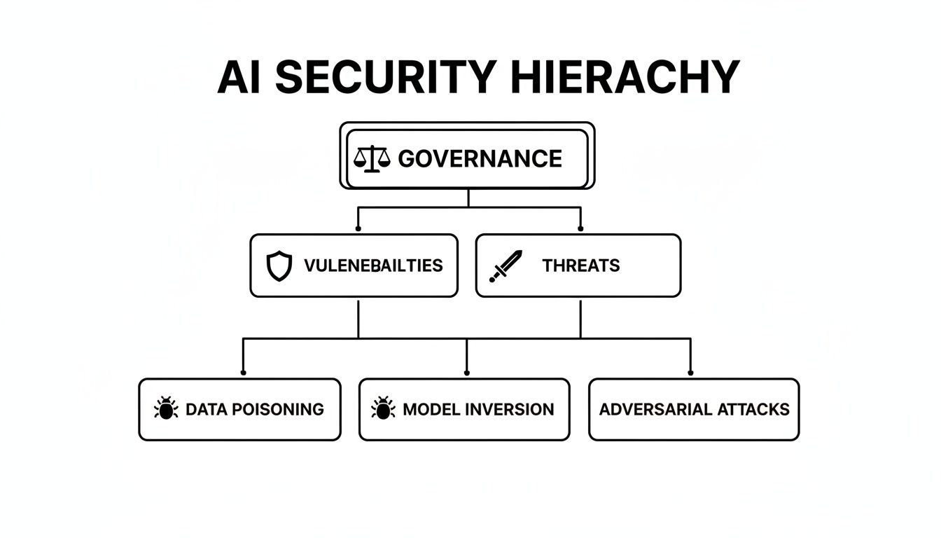 Diagramm der KI‑Sicherheits‑Hierarchie, das Governance, Verwundbarkeiten, Bedrohungen, Datenvergiftung, Modellinversion und adversariale Angriffe darstellt.