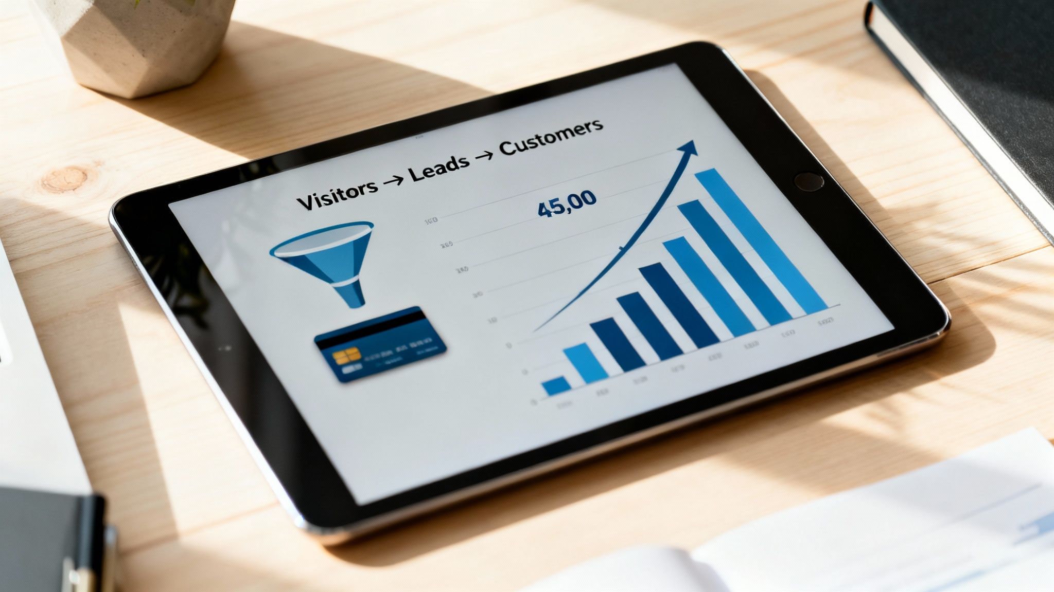 Digital marketing funnel displayed on a tablet with a growing bar chart and 'Visitors to Customers' text.