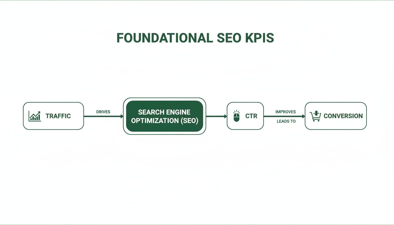 Flowchart illustrating foundational SEO KPIs: Traffic drives SEO, which improves CTR and leads to conversion.