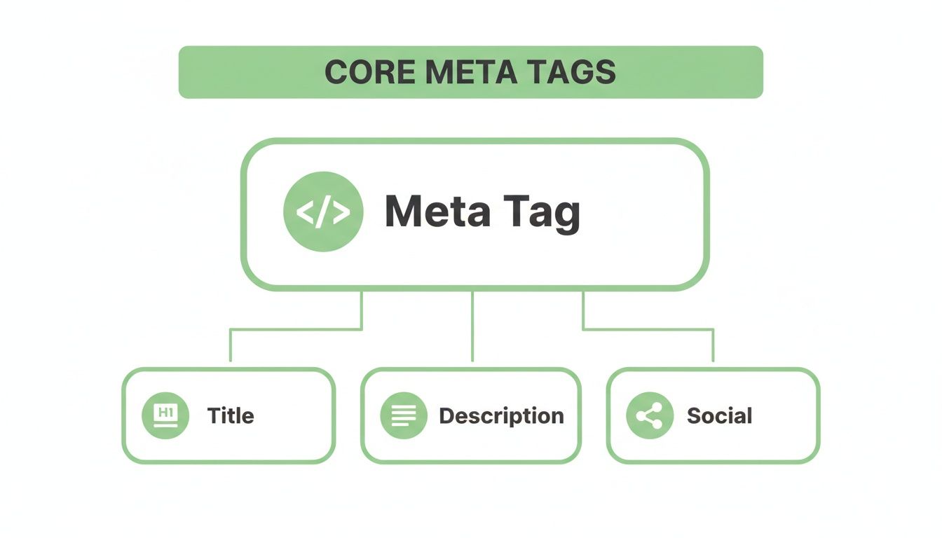 Diagram illustrating core meta tags: Title, Description, and Social components branching from a Meta Tag.