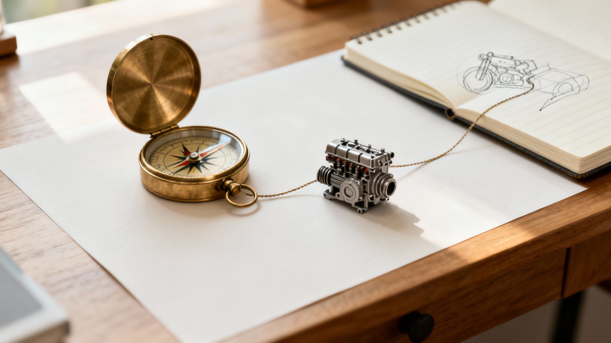 A brass compass linked to a miniature engine, with a notebook displaying a motorcycle sketch on a wooden desk.