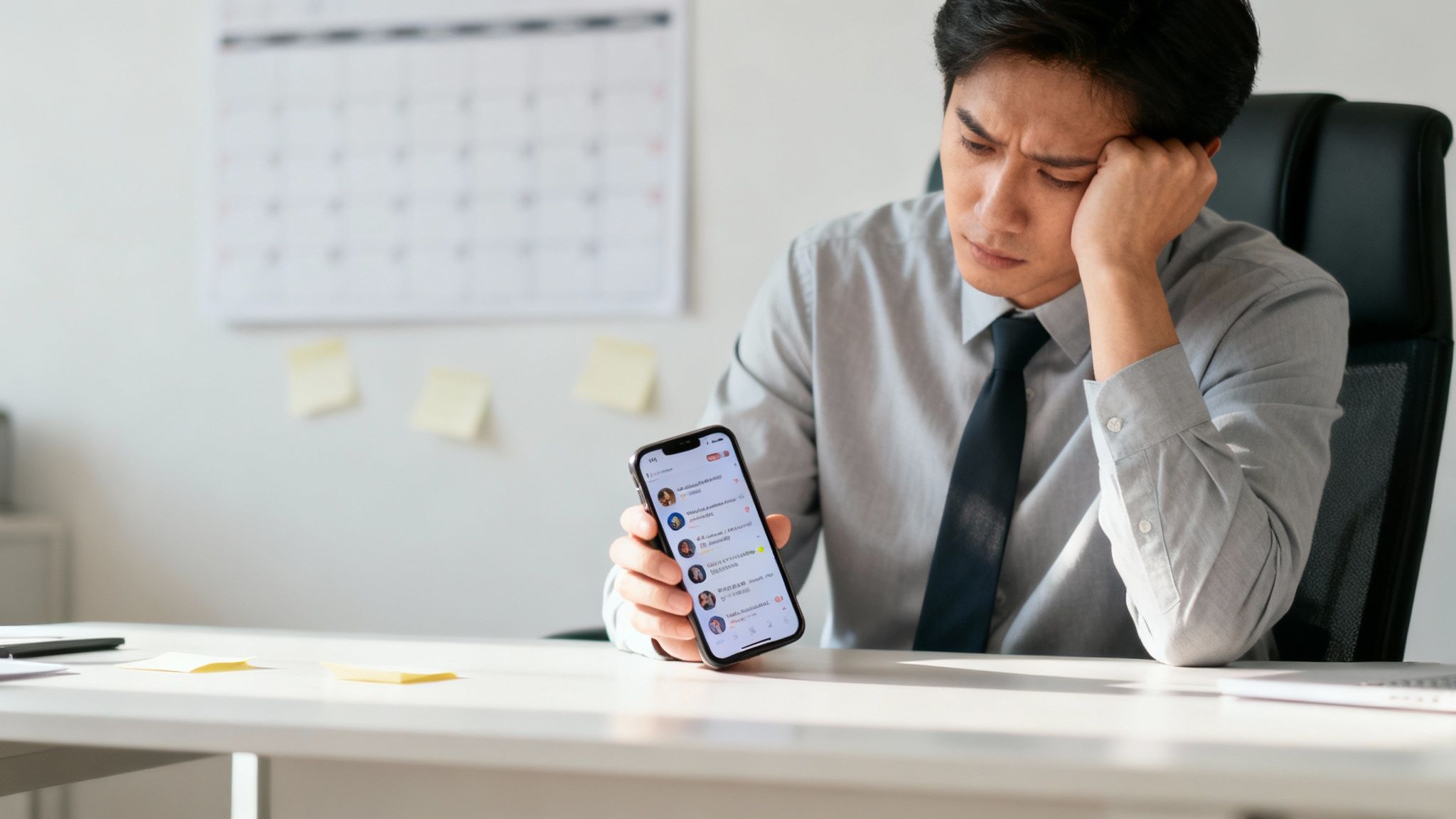 A stressed man in an office looking at his smartphone, seemingly overwhelmed by its content.