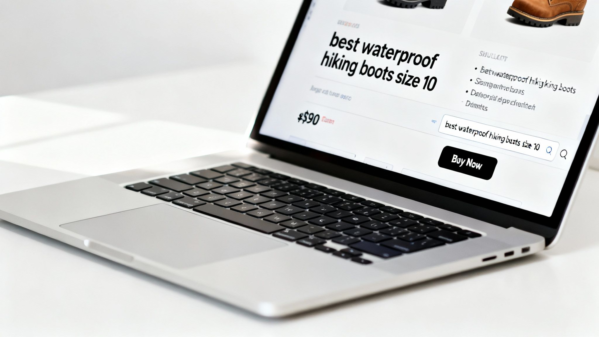 Laptop displaying an e-commerce page for 'best waterproof hiking boots size 10' with a 'Buy Now' button.