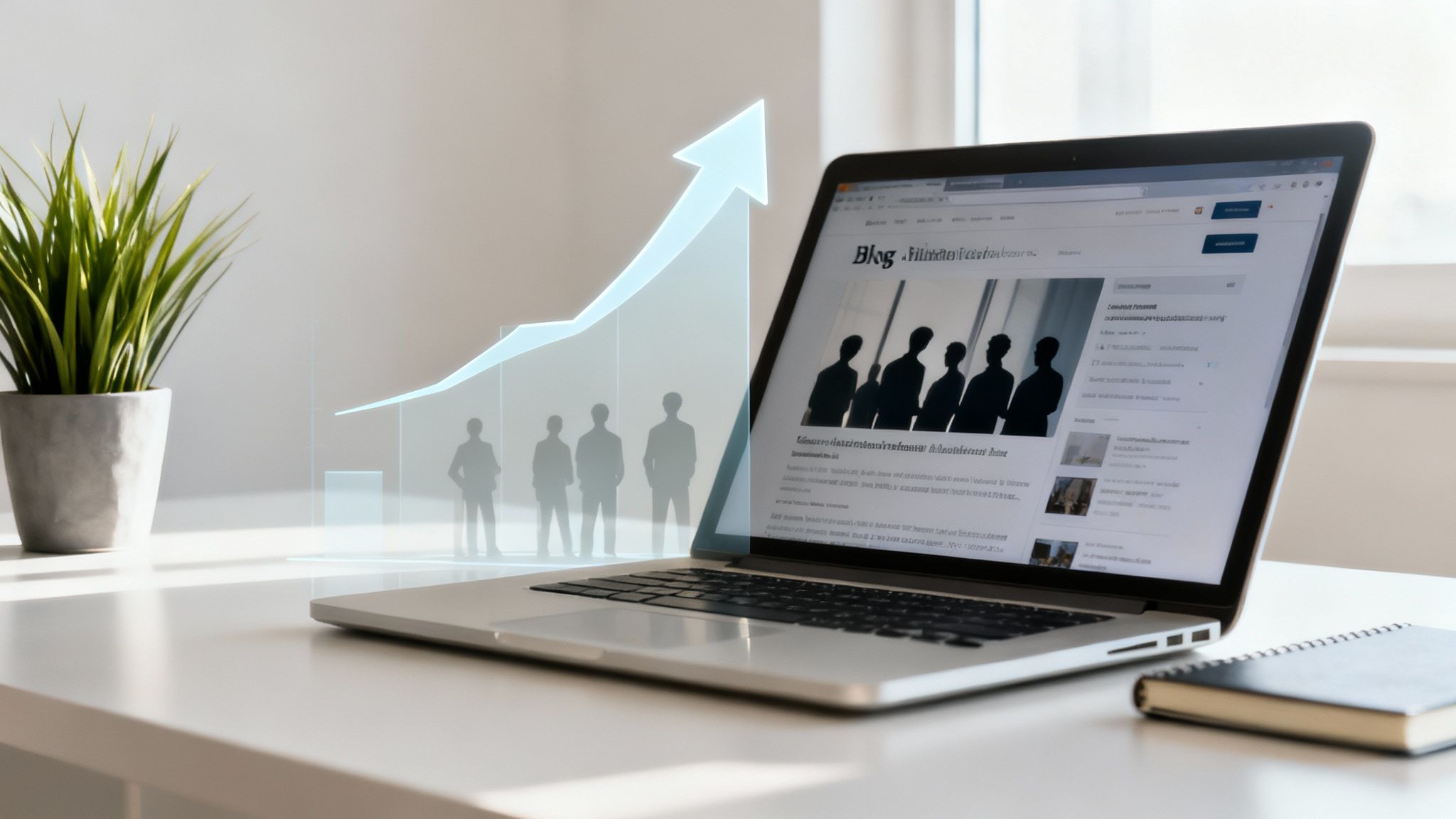 Laptop auf einem weißen Schreibtisch, der einen Blog zeigt, neben einer holografischen Wachstumskurve mit silhouettierten Figuren.