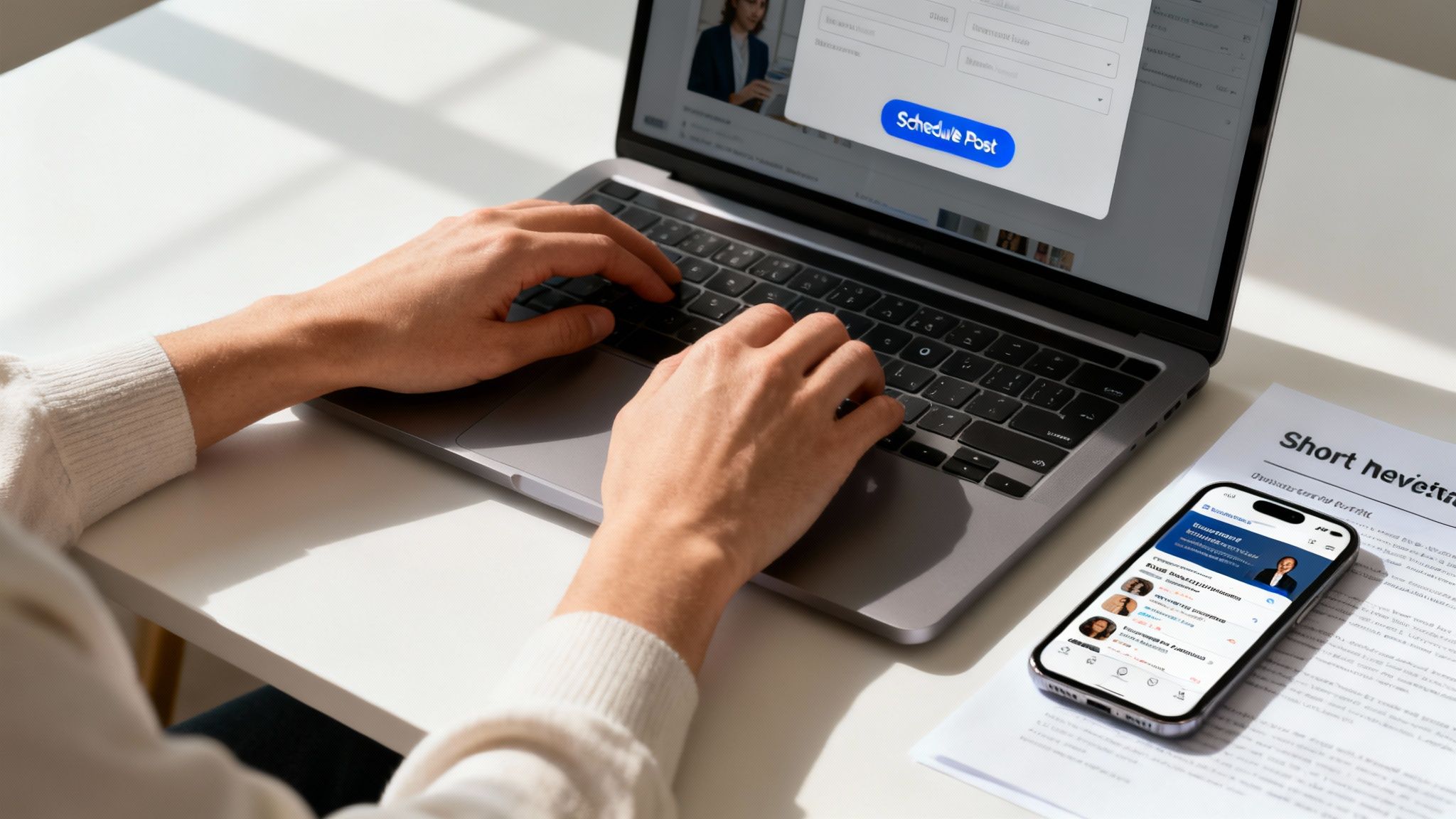 Person typing on a laptop scheduling a social media post, with a smartphone displaying profiles.