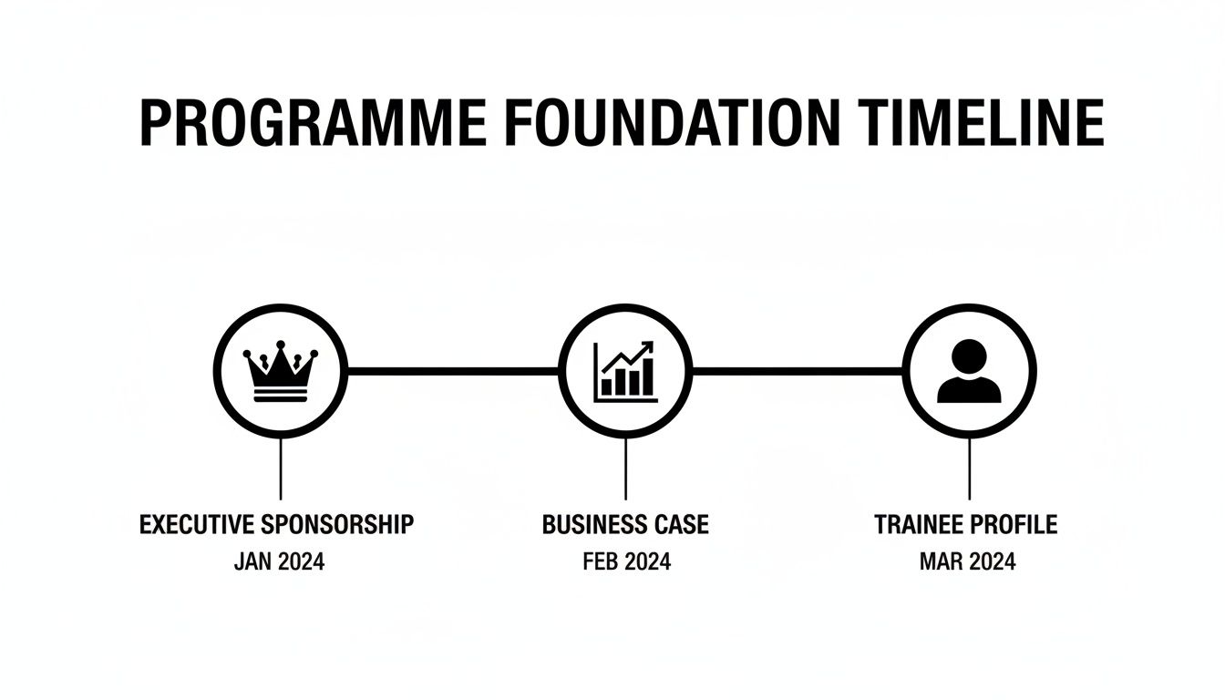 A programme foundation timeline showing executive sponsorship, business case, and trainee profile stages from January to March 2024.