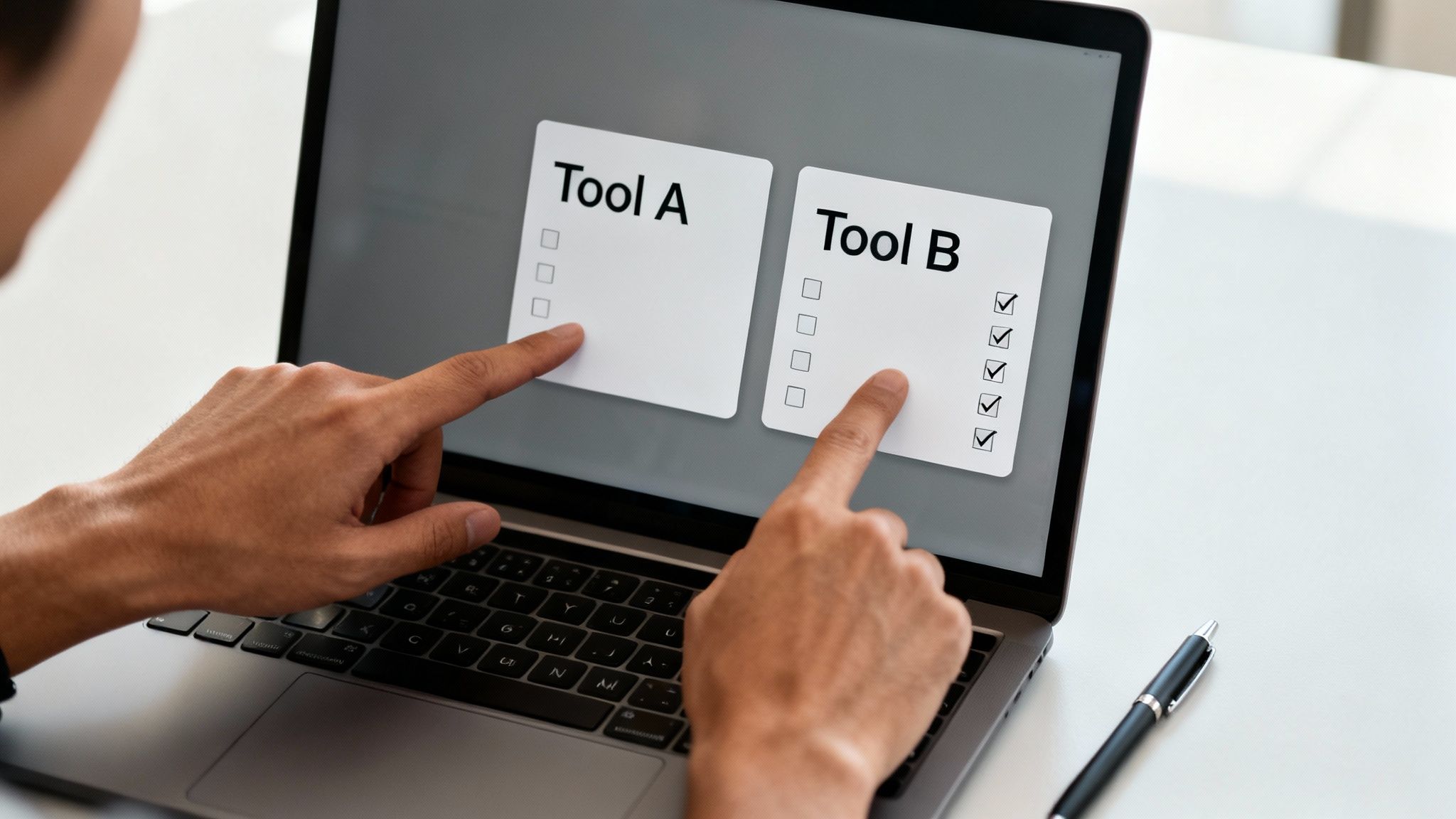 A person's hands pointing at a laptop screen comparing 'Tool A' and 'Tool B' checklists.