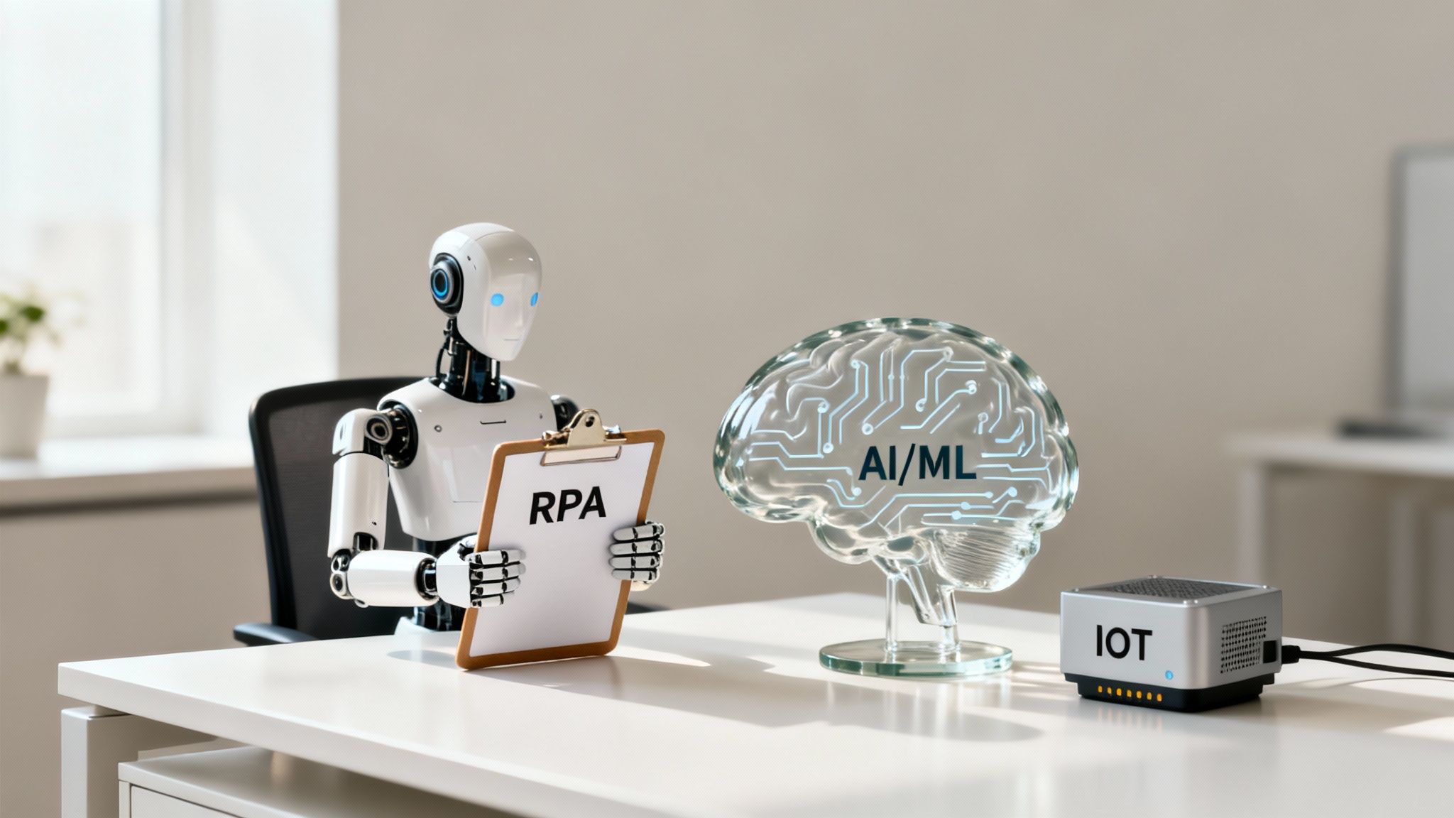 A robot holding an RPA clipboard next to an AI/ML brain model and an an IoT device.