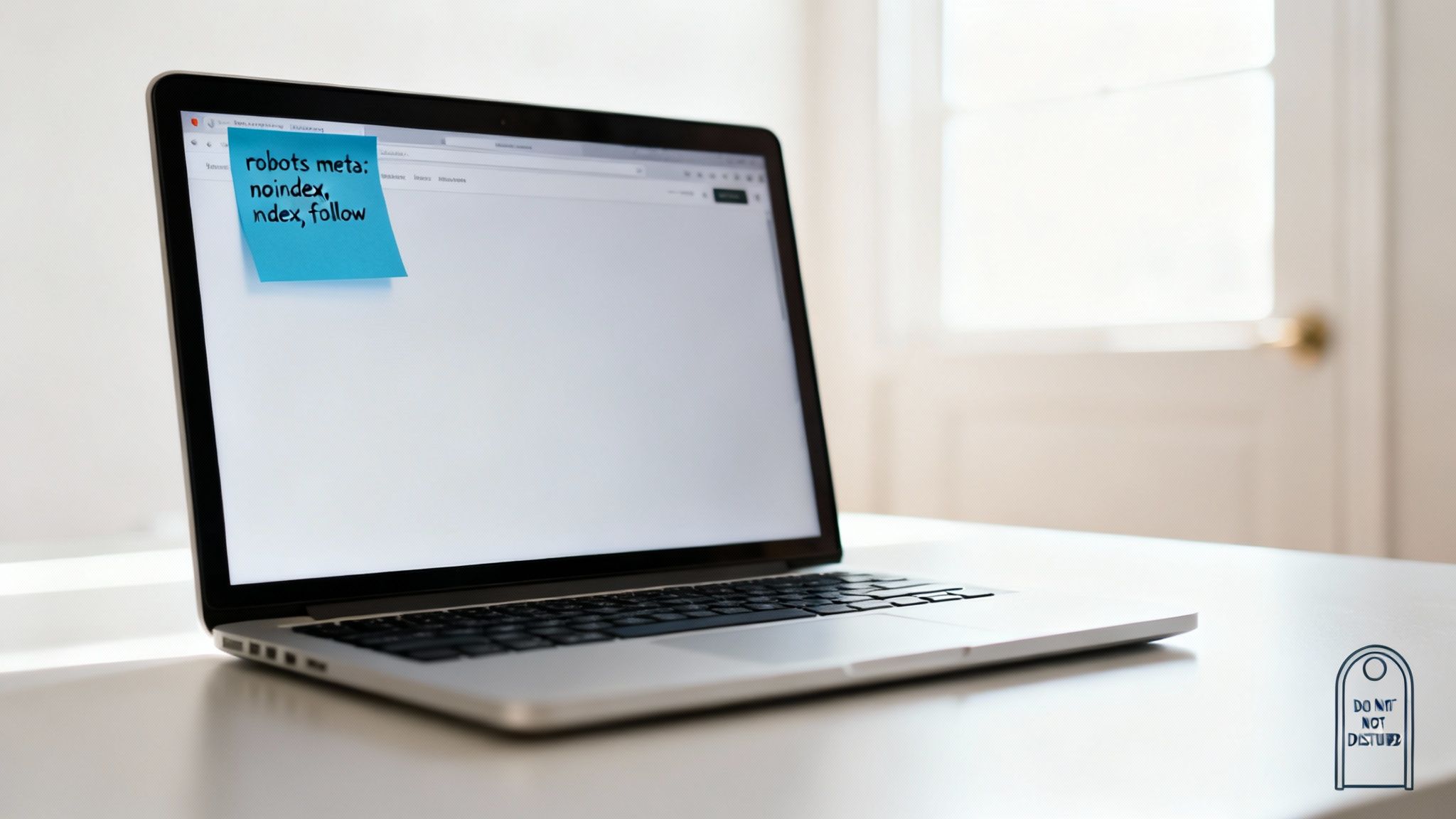 A laptop screen with a blue sticky note displaying 'robots meta: noindex, index, follow'.
