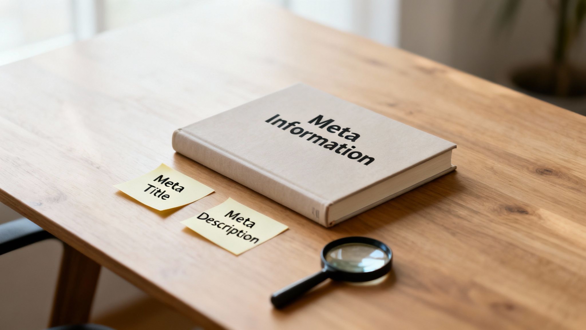 A book titled 'Meta Information' with 'Meta Title' and 'Meta Description' sticky notes and a magnifying glass on a wooden desk.