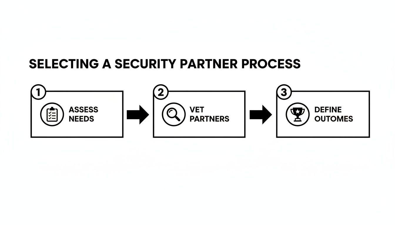 Ein dreistufiger Prozess zur Auswahl eines Sicherheitspartners, einschließlich Bedarfsanalyse, Partnerprüfung und Ergebnisdefinition.
