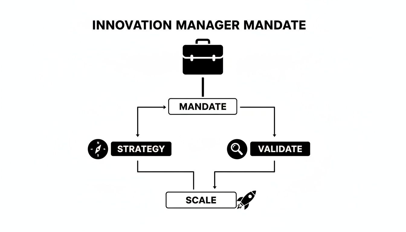 Flussdiagramm, das den Innovationsmanager-Mandatsprozess von Strategie und Validierung bis zur Skalierung mit Icons darstellt.